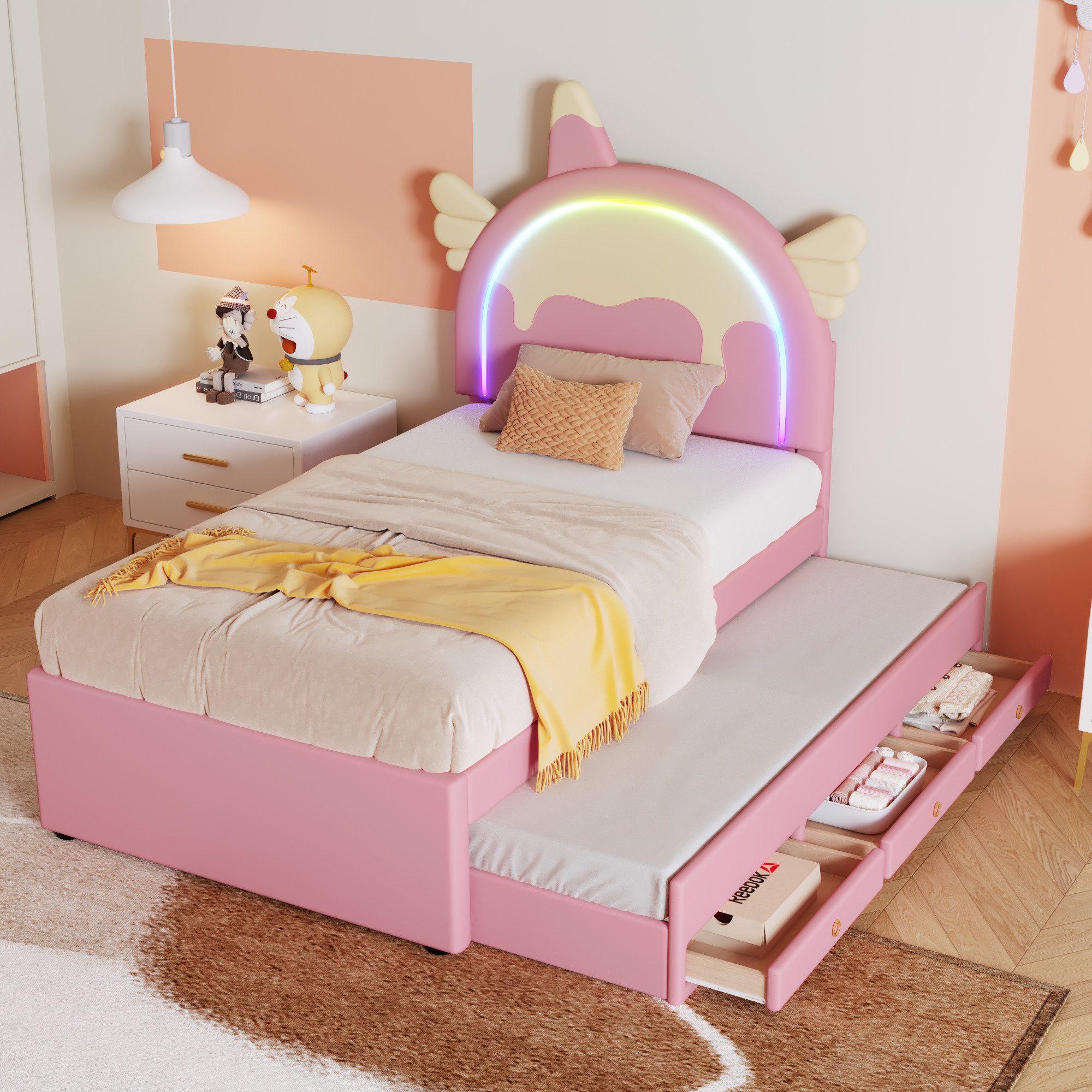 NMonet Polsterbett Kinderbett Stauraumbett( LED-Beleuchtung) (Geeignet für Jungen und Mädchen), Mit ausziehbarem Bett, 3 Schubladen, Einhornform, 90x200cm