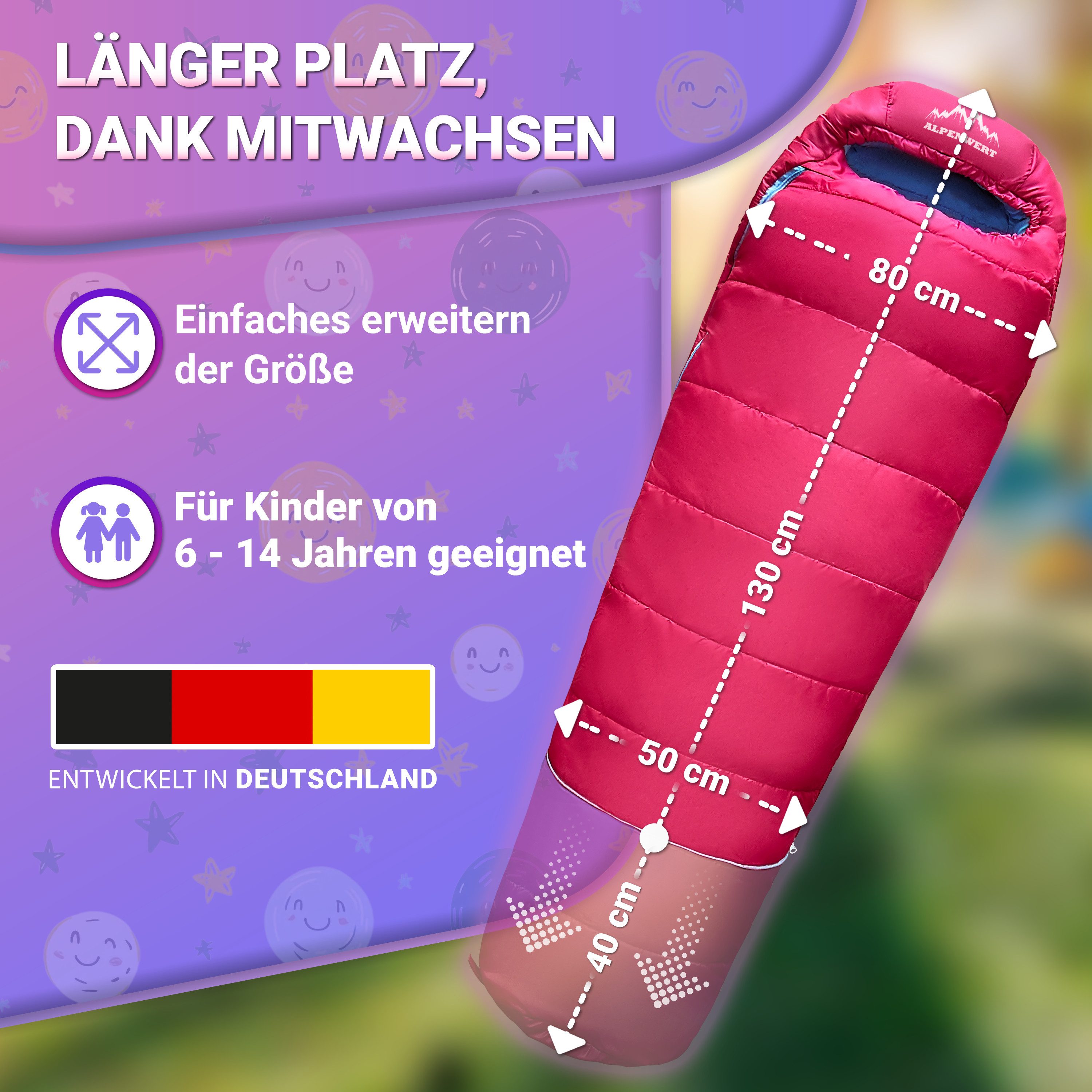 Alpenwert Kinderschlafsack Ultraleicht 130-170cm – Outdoor, wasserabweisend & kompakt, mitwachsend