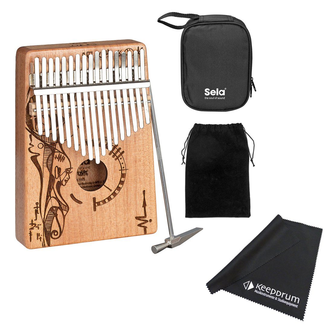 Kalimba Sela SE 250 Kalimba Mahagoni 17 Peaceful Mind mitTuch