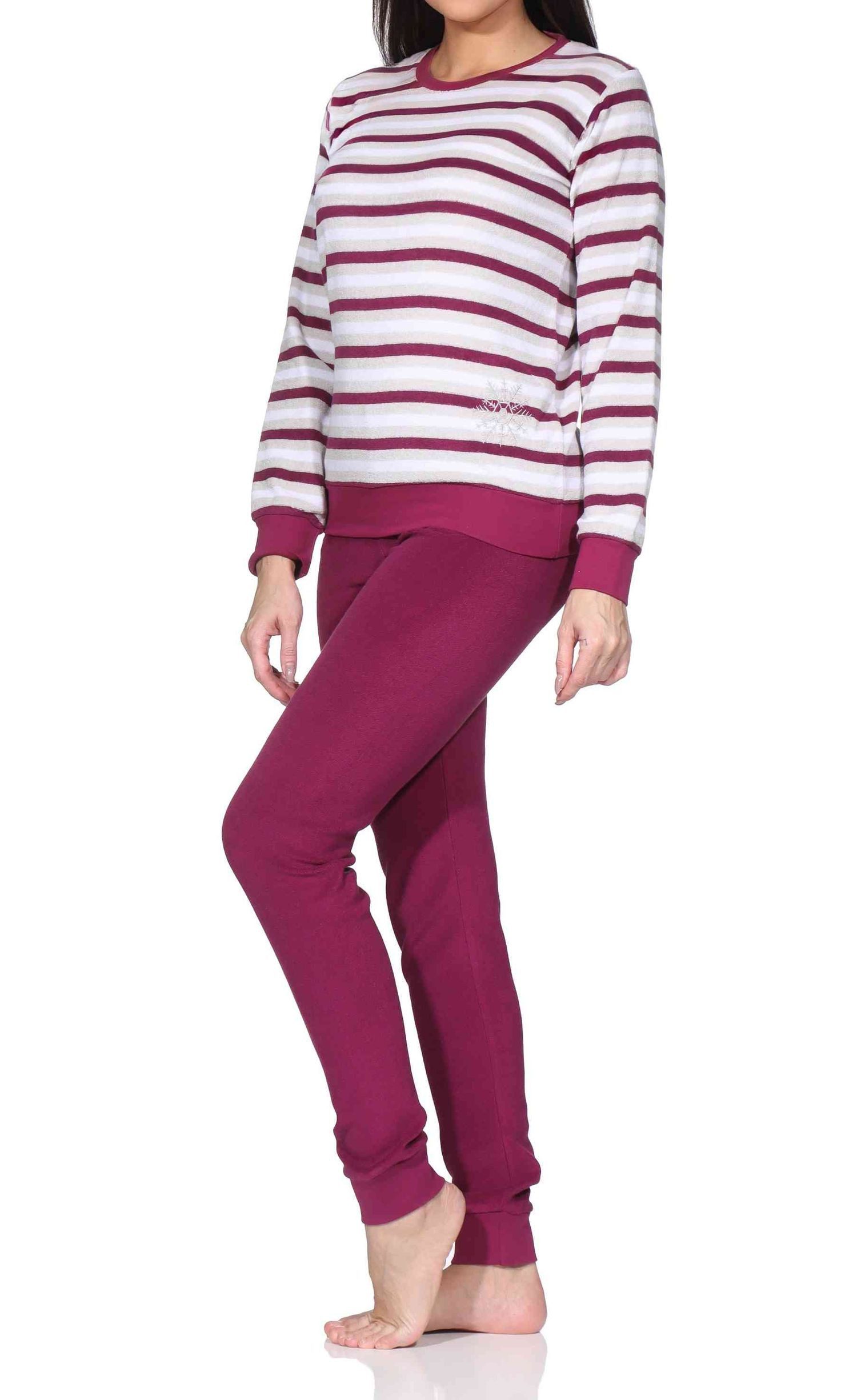 Normann Pyjama Damen Frottee Schlafanzug Pyjama in Ringel-Optik + Eiskristall-Motiv – Bild 3 von 5