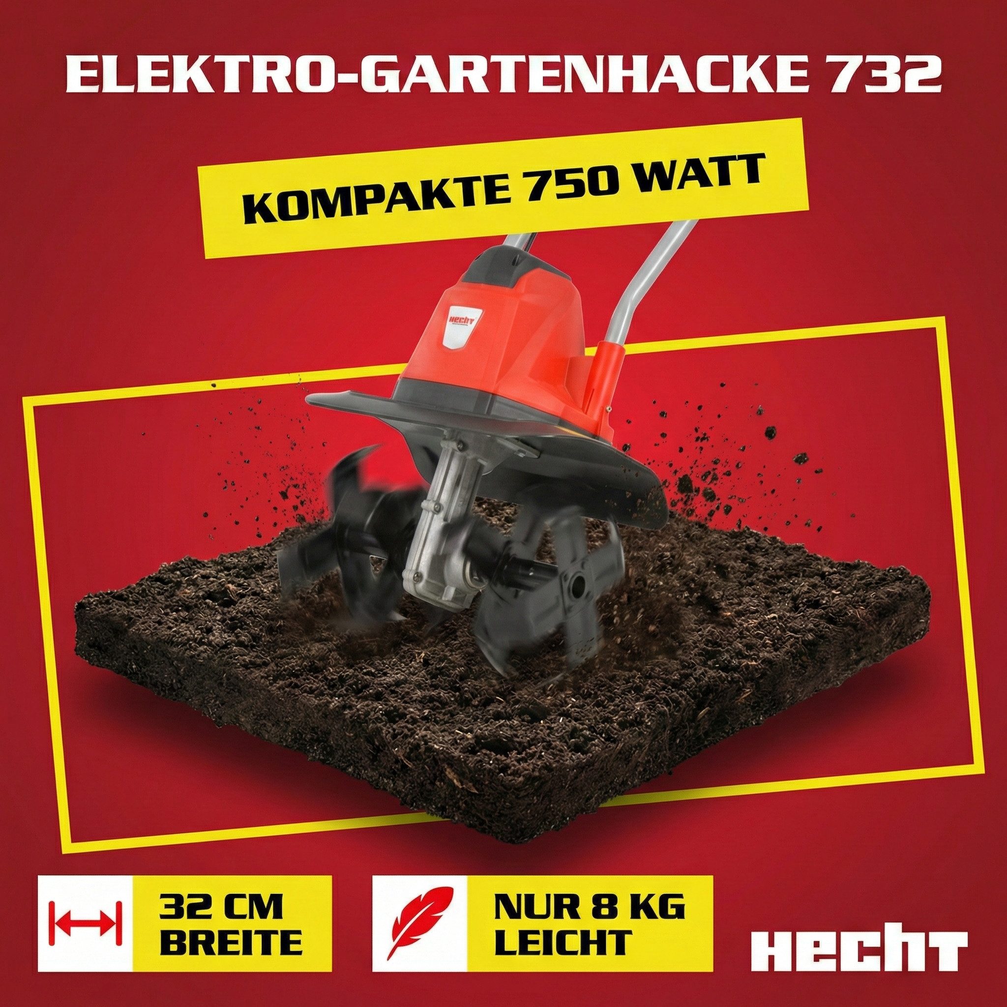 Hecht Gartenhacke Elektro Gartenfräse 750W 20cm Arbeitstiefe 16 Messer Motorfräse, 32 cm Arbeitsbreite, 230V, 8 kg