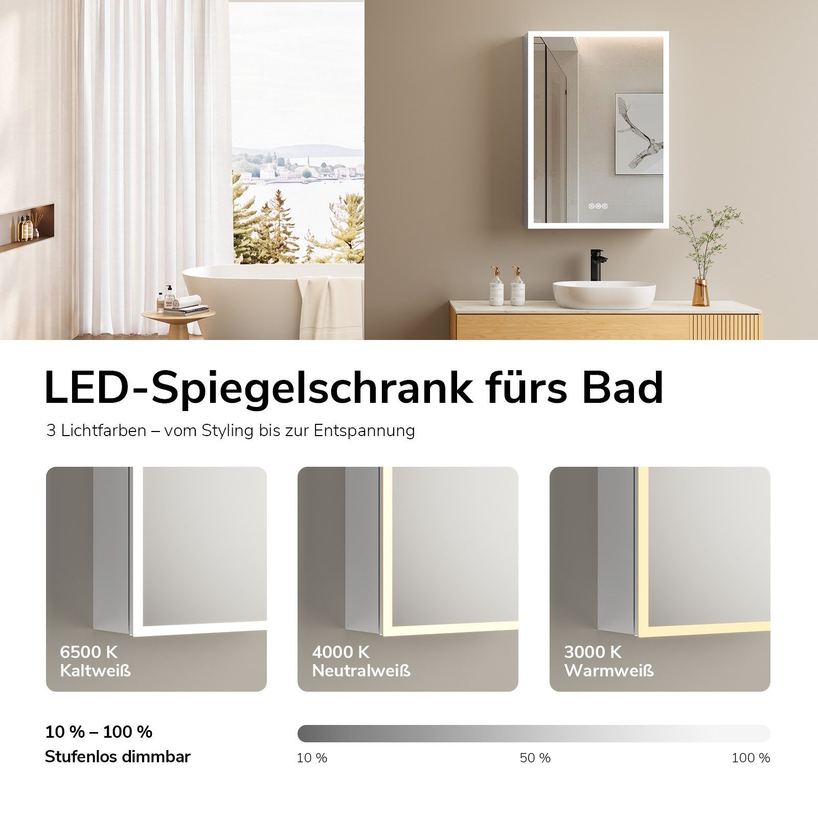 EMKE Spiegelschrank bad mit beleuchtung Badezimmerspiegelschrank Touch (1 türig) (Touch Schalter) mit Ablage und Steckdose, 3 Lichtfarben Dimmbar Antibeschlag – Bild 3 von 5