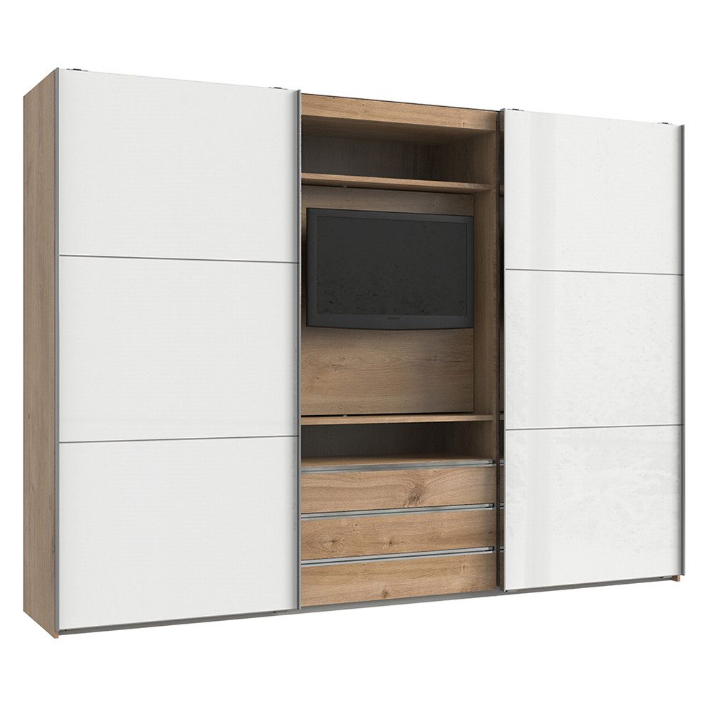 Lomadox Kleiderschrank MIDLAND-43 in Eiche Schwebetüren Glasfront weiß TV Halterung 300x216x65 cm