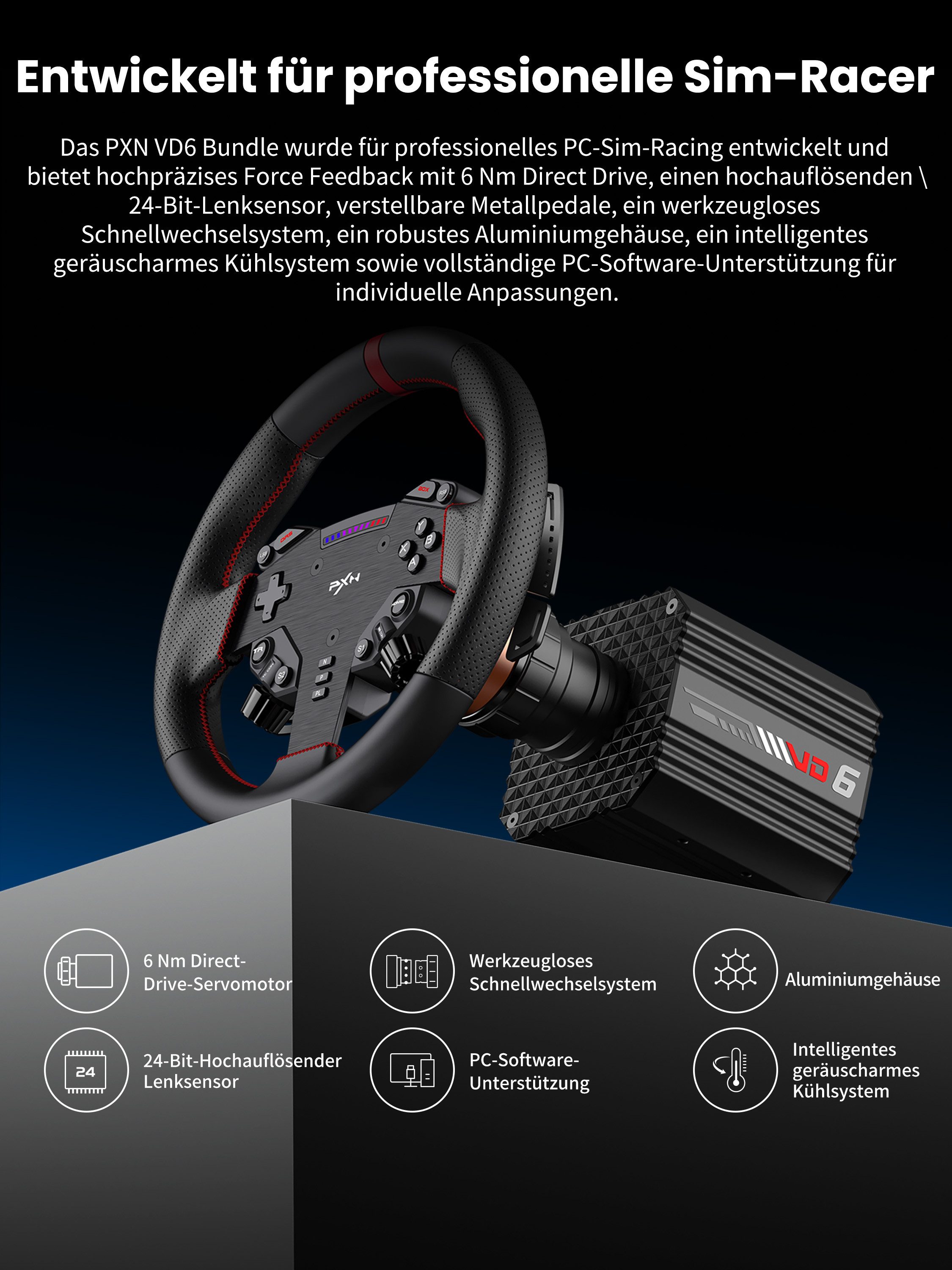 PXN VD6 Bundle Direct-Drive-Sim-Rennlenkrad-Set Gaming-Lenkrad (6Nm Force Feedback Servo 24-Bit Hall-Pedale Quick Release PC)