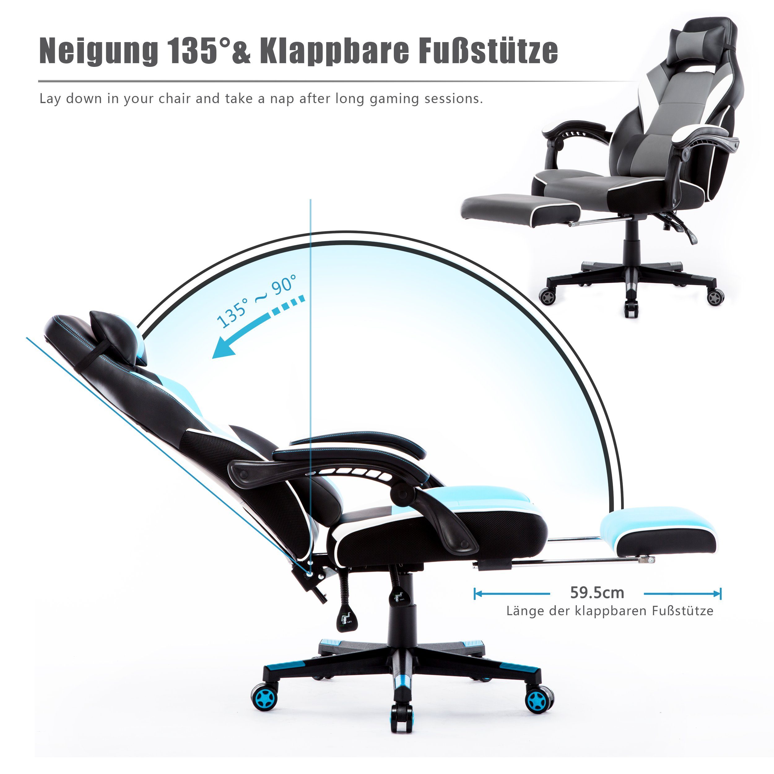 Intimate WM Heart Gaming-Stuhl mit blau Hoher Fußstützen Rückenlehne und