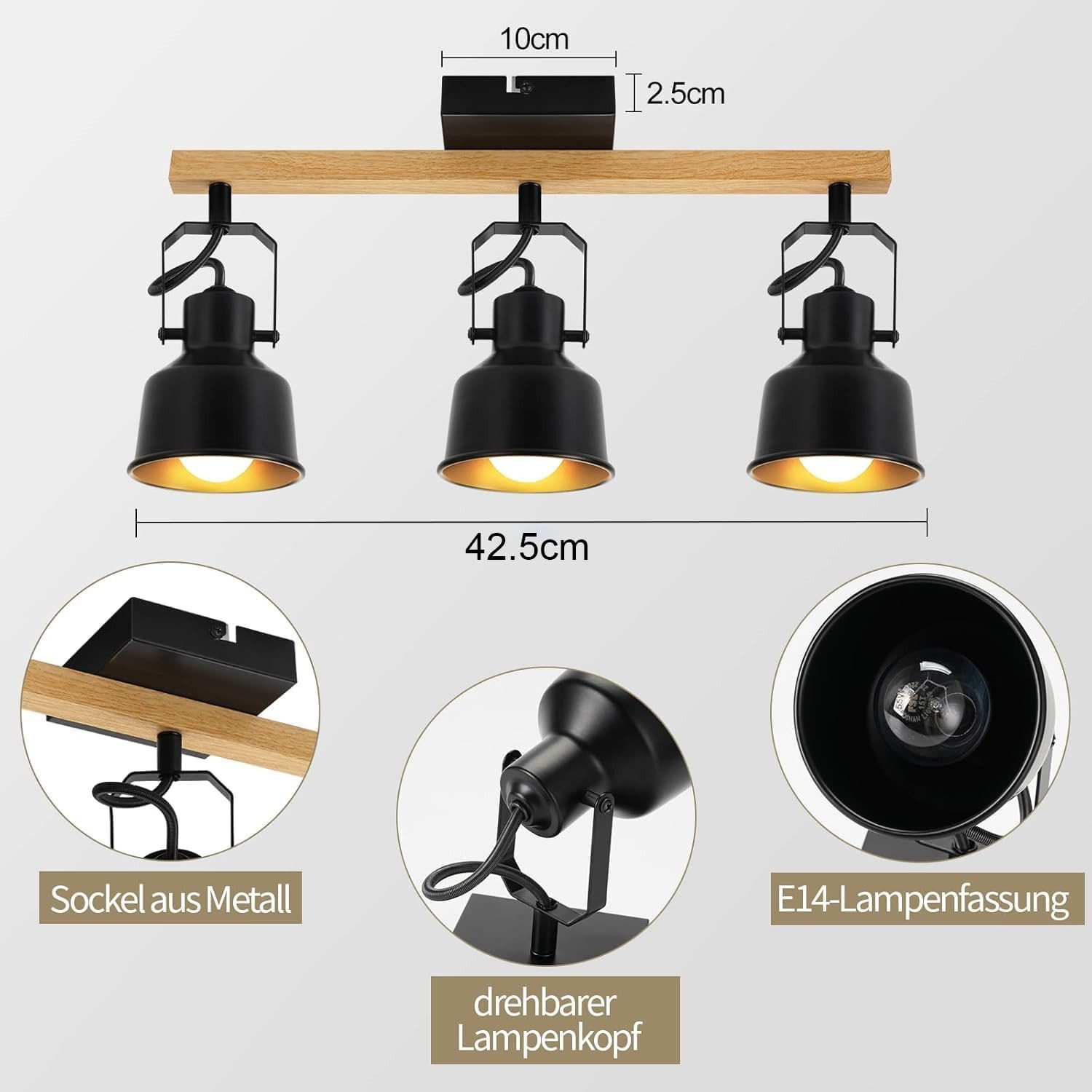 ZMH Deckenstrahler 2/3/4 Flammig 350° Schwenkbar Vintage Deckenlampe Wohnzimmer Flur, Hochwertige Design, ohne Leuchtmittel, E14 Fassung Industrial Holzmaserung Spotbalken für Schlafzimmer