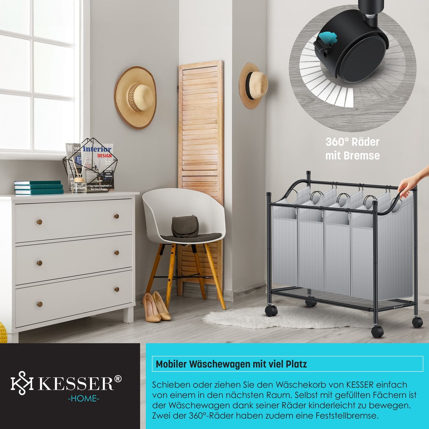 KESSER Wäschekorb, Wäschesammler Wäschesortierer mit abnehmbaren Stofftaschen
