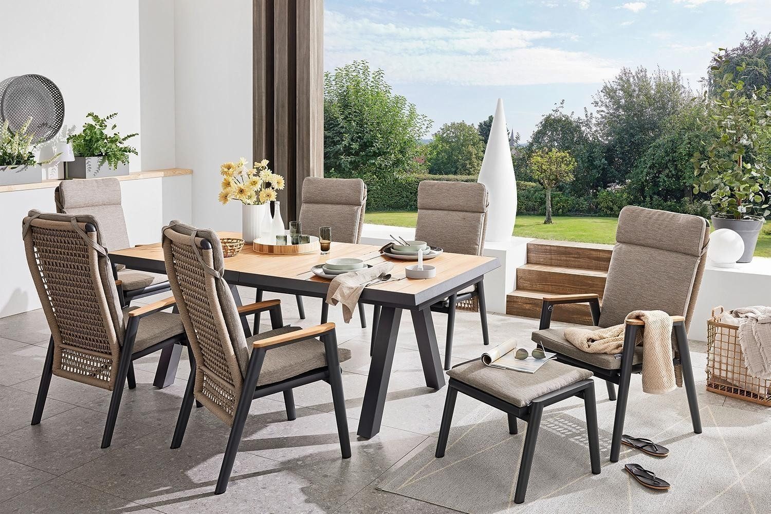 MONDO Gartenstuhl LATEA, Anthrazit, Grau, Taupe, Aluminium, Teakholz, Seil, verstellbare Rückenlehne, B 83 x H 108 x T 60,5 cm
