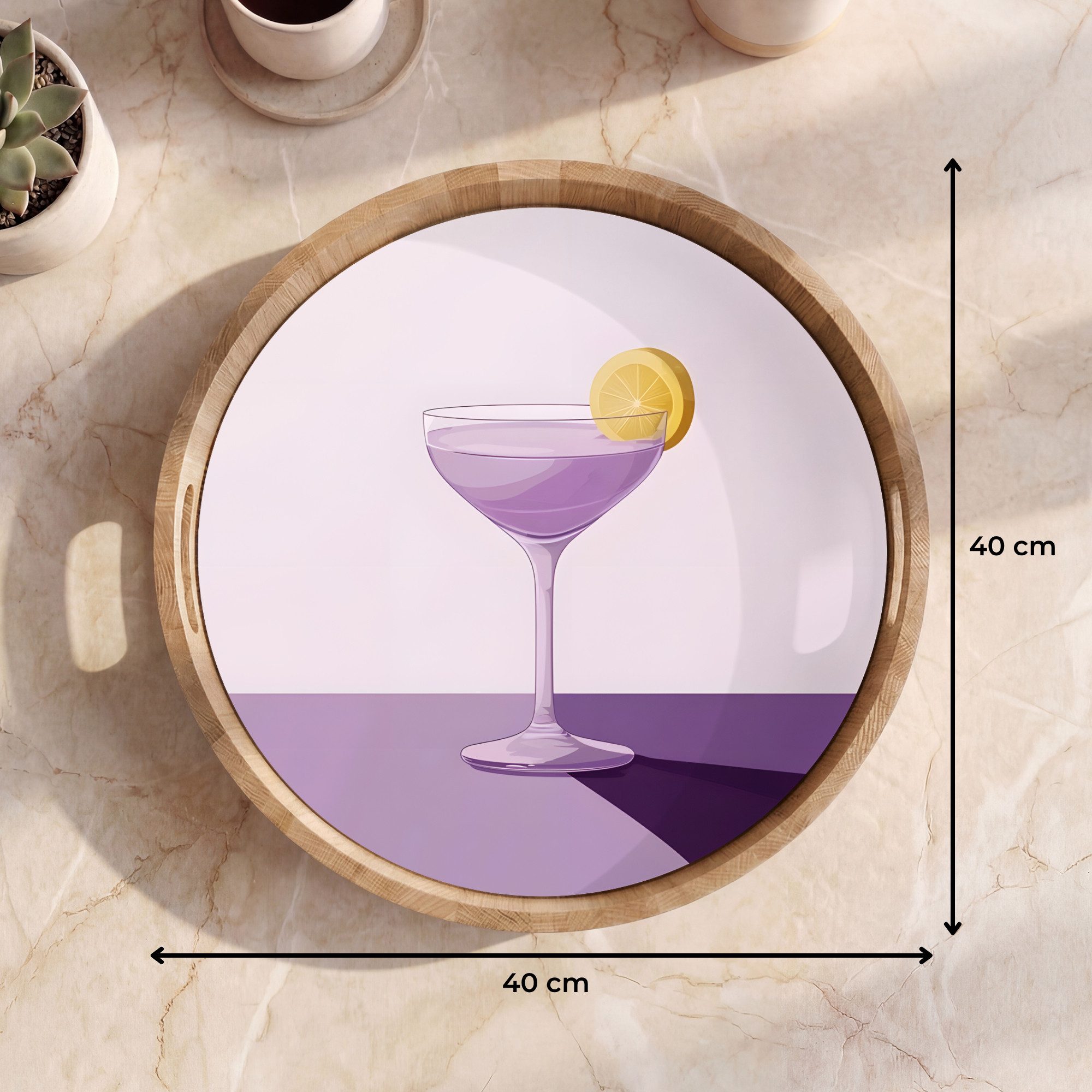 OnlyWow Tablett Rund mit Henkel Cocktail - Lila - Minimalistisch - Zitrone, Eichenholz, (1-tlg), Siervierplatte, Tray, Frühstücksbrett