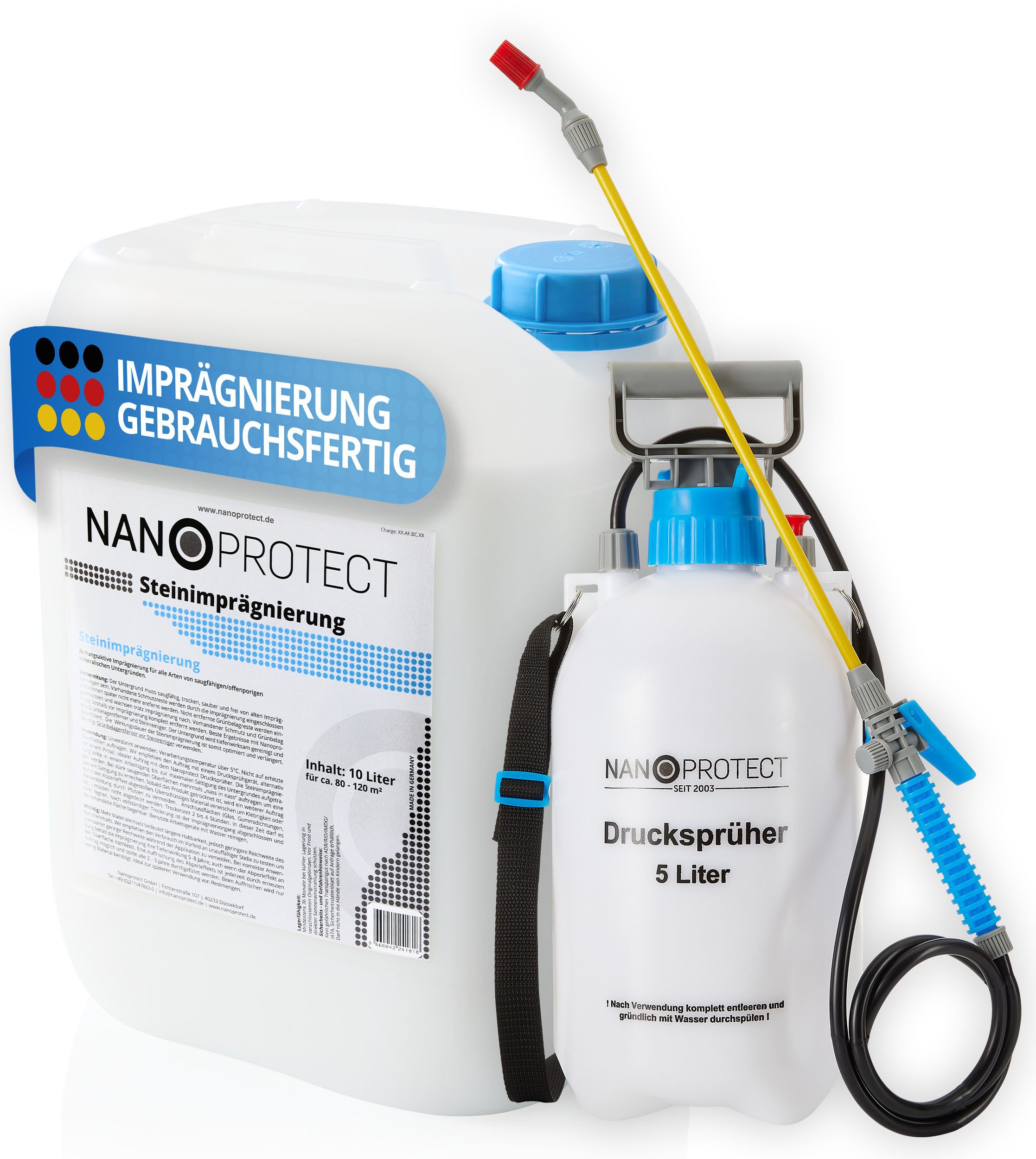 Nanoprotect Steinimprägnierung Naturstein-Imprägnierung (Steinimprägnierung + Drucksprüher für 80 - 120 qm), Unsichtbare Imprägnierung - Made in Germany