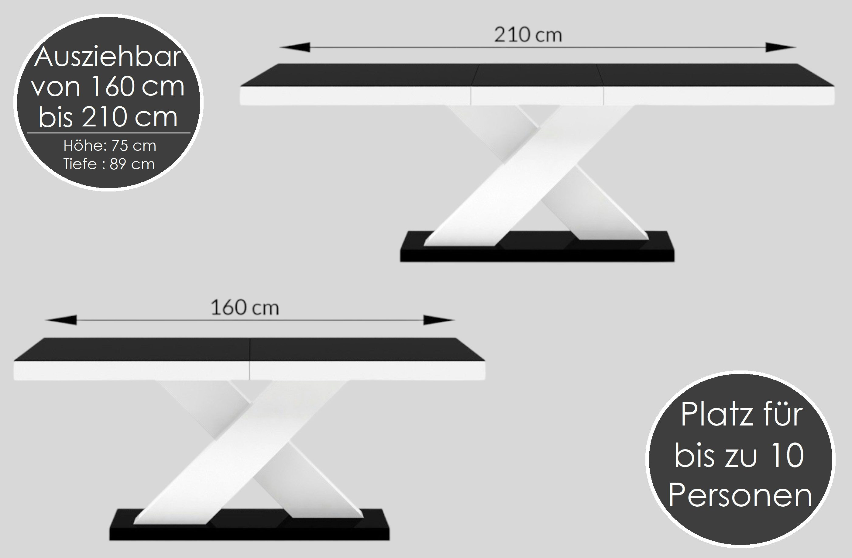 designimpex Esstisch Design Tisch HE-888 Eiche Natur - Weiß Hochglanz ausziehbar 160-210 cm