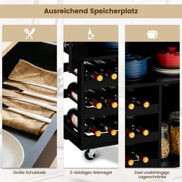 COSTWAY Küchenwagen, mit Arbeitsplatte, Rollen, Schubladen&Weinregalen, Holz