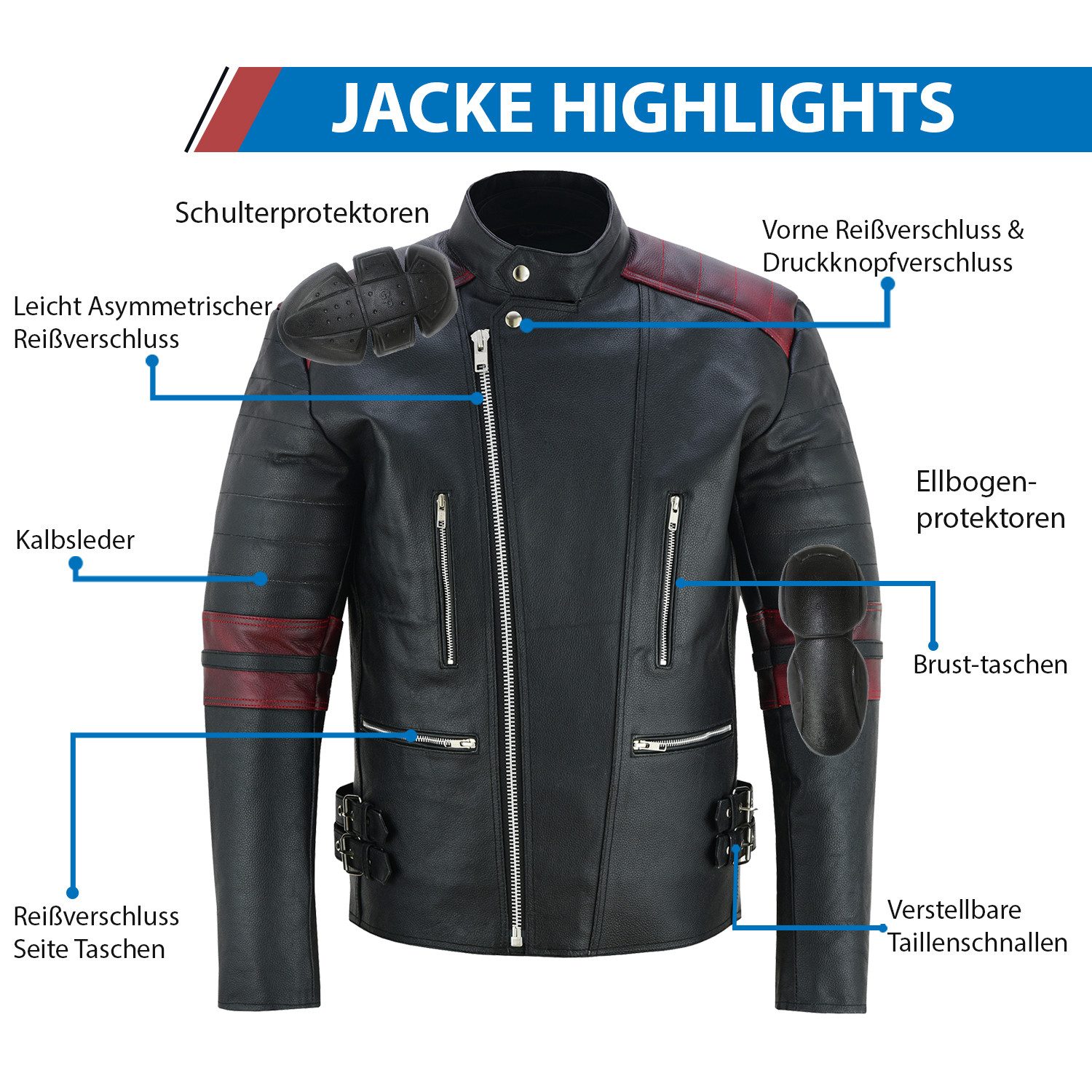 German Wear Lederjacke GW424J Biker Lederjacke Oldschool Vintag Retro Jacke mit Protektoren