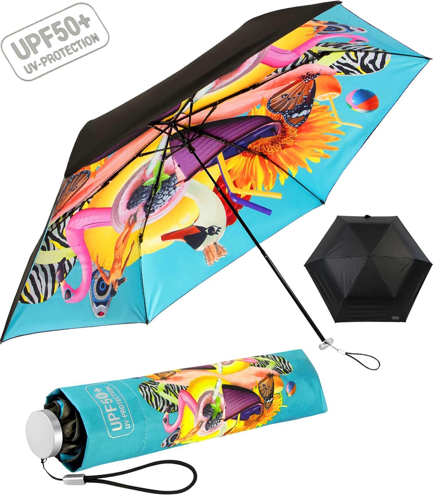 Impliva Taschenregenschirm miniMAX® Supermini UV-protection UPF50+ - bedruckt, extrem leichter Schirm, lichtundurchlässiges Dach, von Innen bedruckt blau