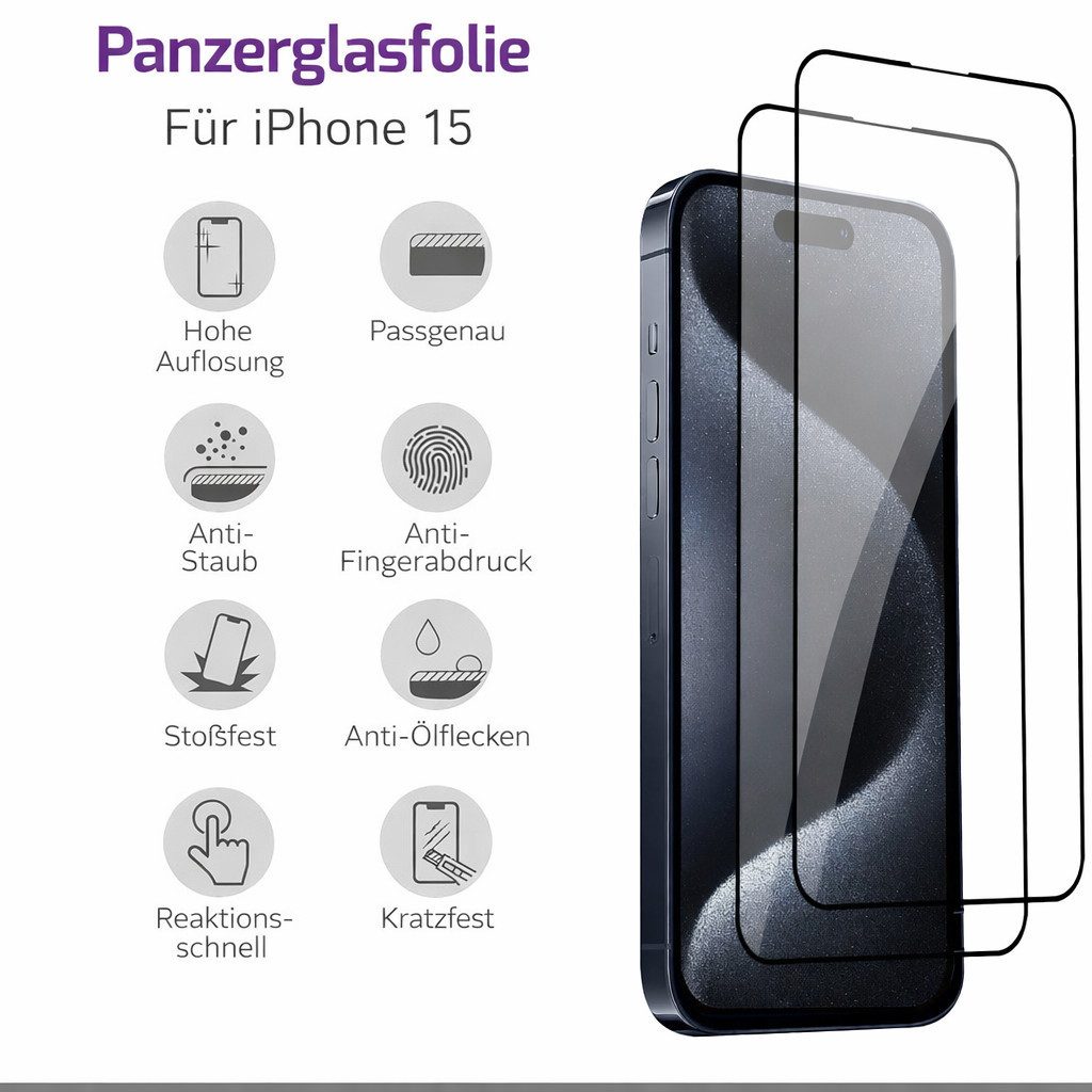 MASETECH Displayschutzfolie iPhone 15 Schutzglas Anti Fingerprint Blasenfrei Klar Kratzfest für Apple iPhone 15, 2er Set, Apple iPhone 15, Kratzfest, Anti-Finge – Bild 3 von 4