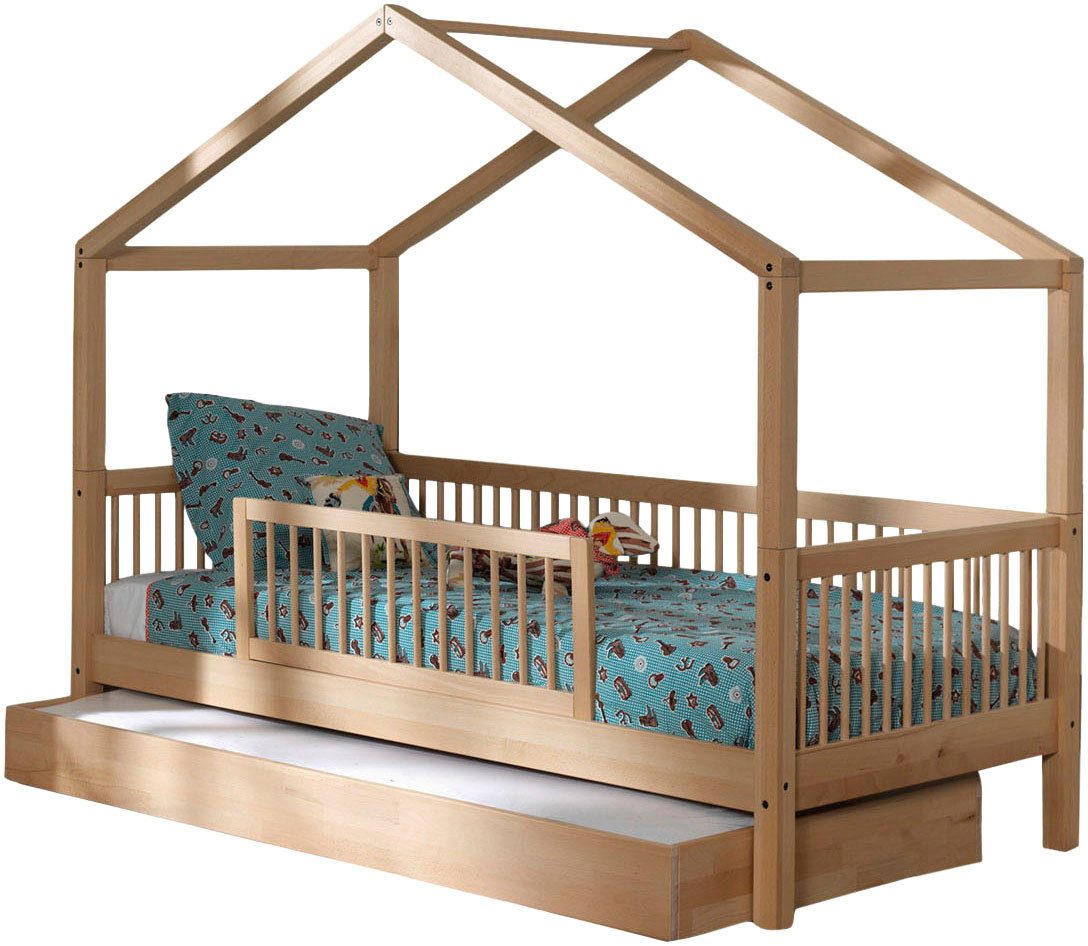 Vipack Hausbett Forrest mit hochwertiger und stabiler Verarbeitung, Made in Europe (Buche massiv natur, 90/200 cm, inkl. Rausfallschutz und Bettschublade), wahlweise ohne oder mit Textilhimmel
