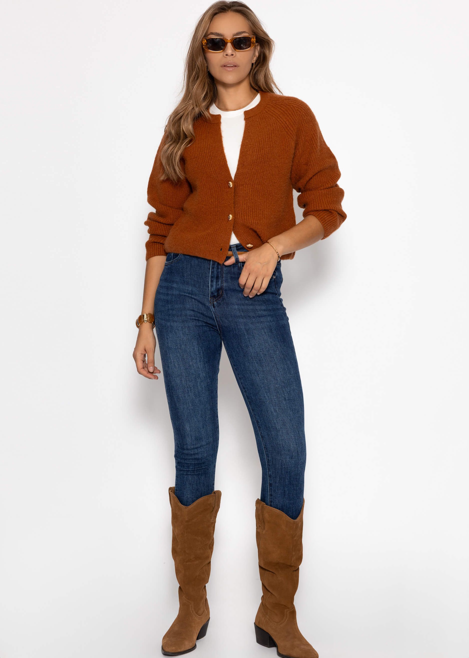 SASSYCLASSY Cardigan Cardigan mit V-Ausschnitt für Damen Weiche Strickjacke mit goldfarbenen Knöpfen Braun Grün Rosa Schwarz