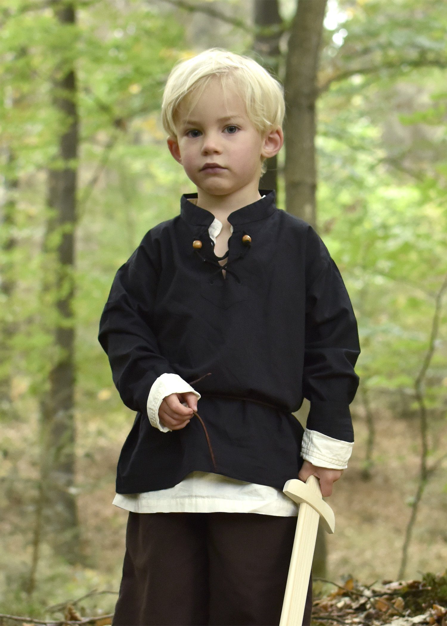Ritter-Kostüm Kinder Mittelalter-Hemd Colin, mit Schnürung, schwarz Gr. 164