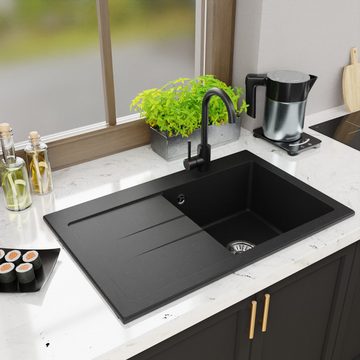 QLS Küchenspüle Luxor 1.0 Links, Granit-Spülbecken, Einzelbecken Spülwaschbecken Einbauspüle 77,5x49,5cm Abtropffläche