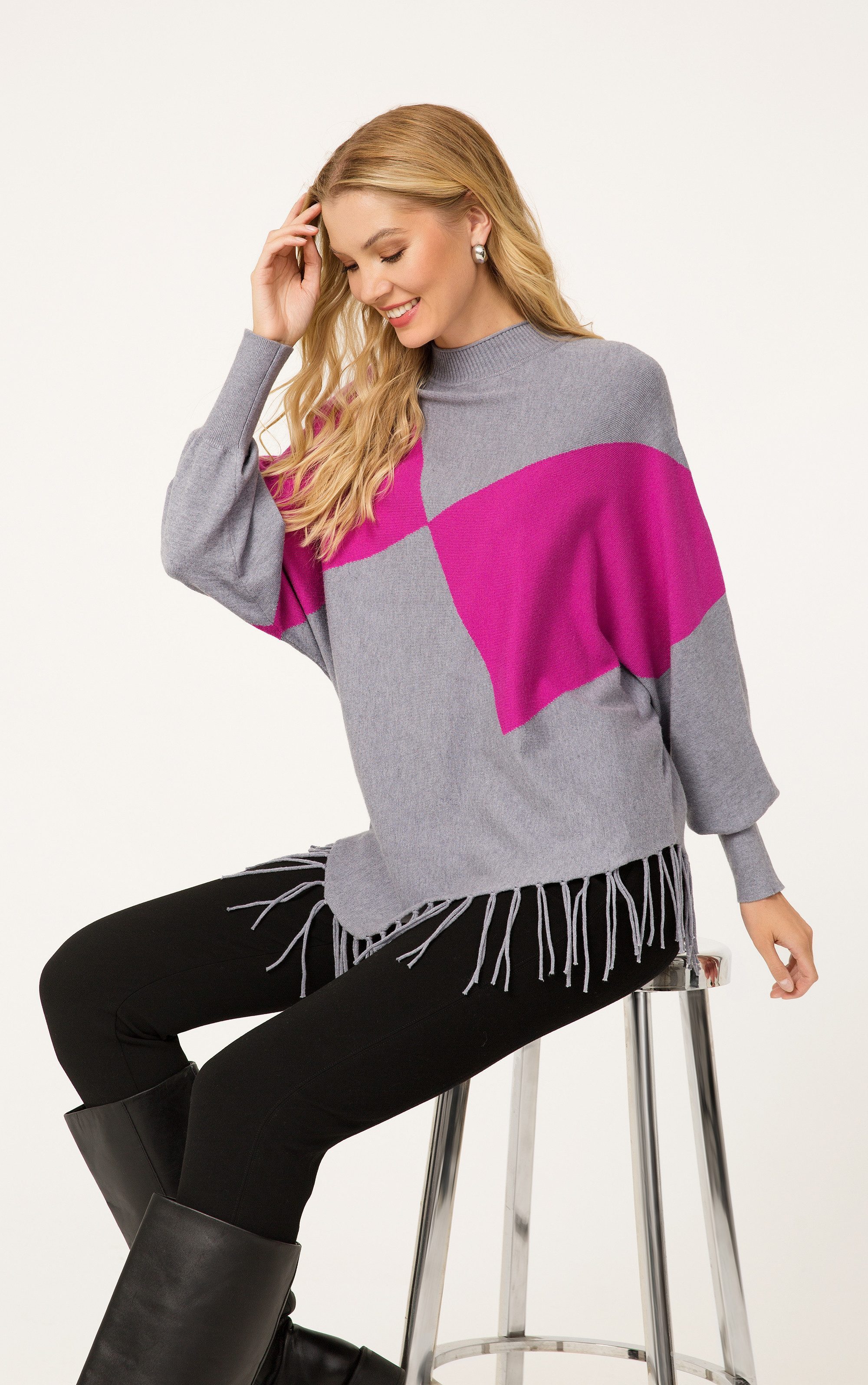 Passioni Strickpullover mit pinkem Rautenmuster Fransen günstig online kaufen