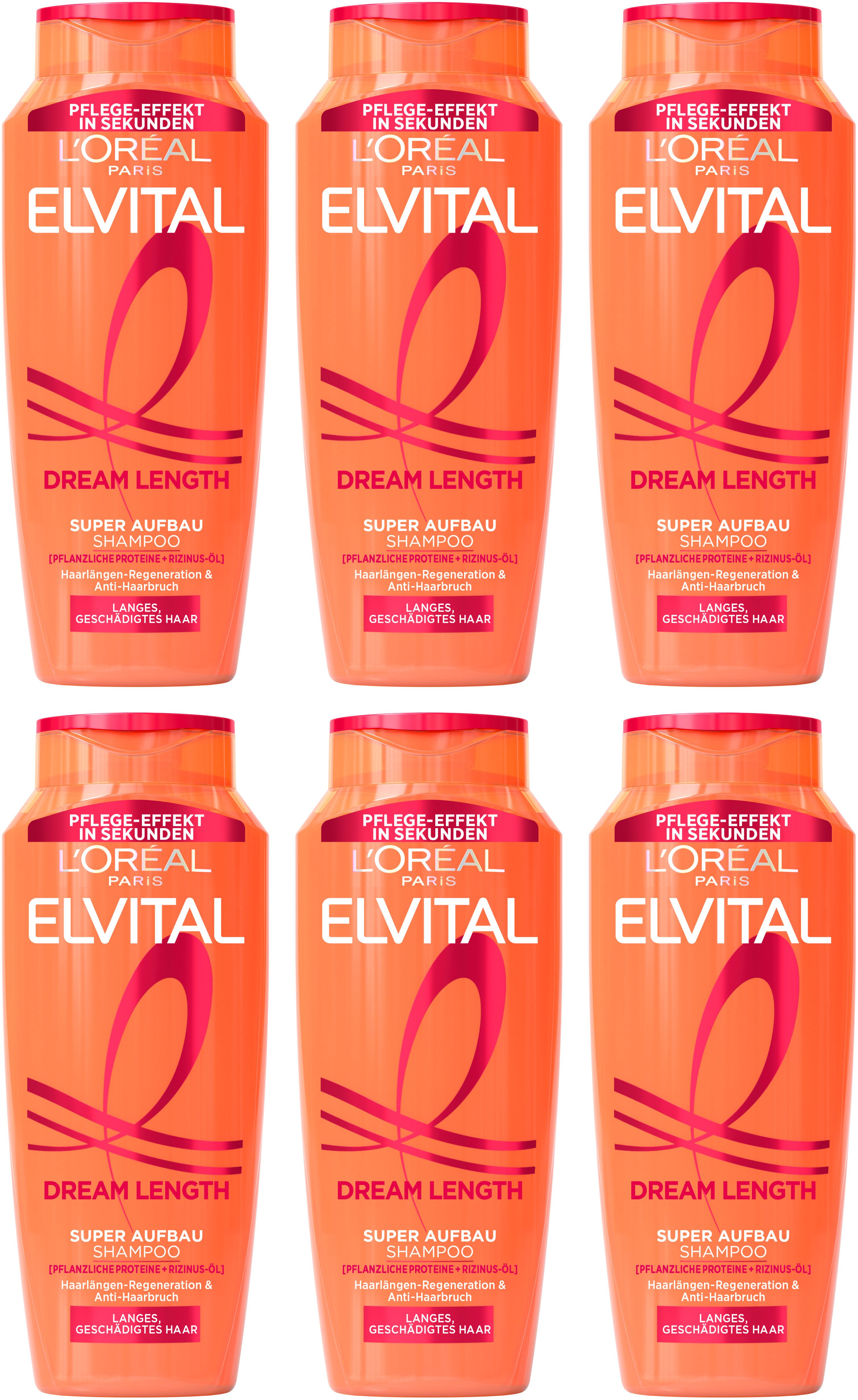 L'ORÉAL PARIS Haarshampoo L'Oréal Paris Elvital Dream Length Shampoo, Packung, 6-tlg., Repariert und stärkt das Haar, spendet Feuchtigkeit, bringt Glanz.