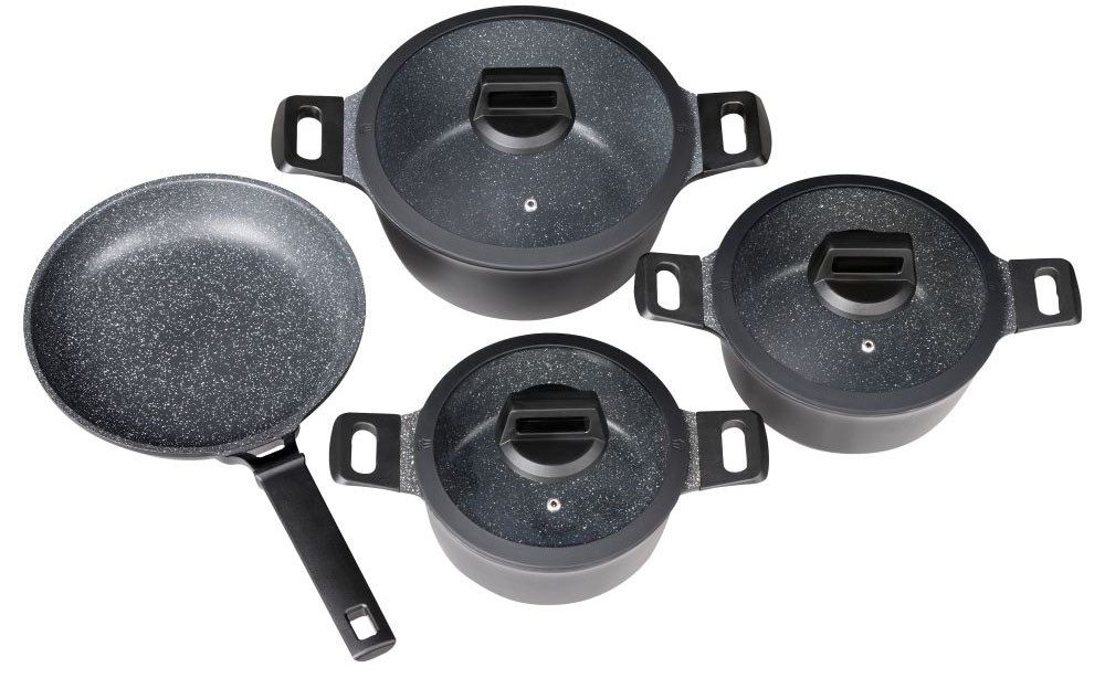 Mulex Topf-Set MALAGA, aus hochwertigem Aluguss, Aluminiumguss (Set, 7-tlg., Kochtopfset inkl. Bratpfanne), hitzebeständige Bakelitgriffe, inkl. Softtouch-Silikon Glasdeckel