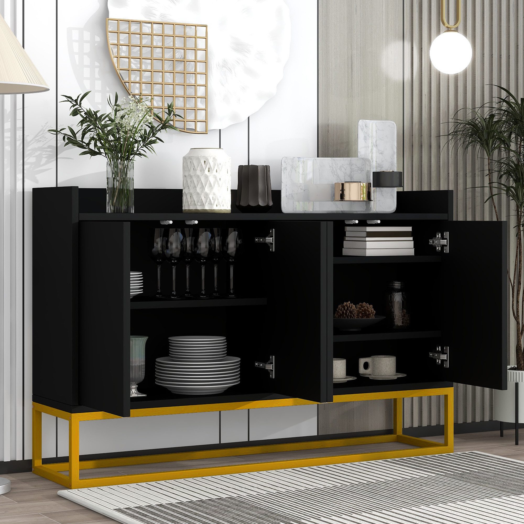 OKWISH Sideboard Anrichte, Modernes Küchenschrank im minimalistischen Stil 4-türiger (griffloser Buffetschrank für Esszimmer, Wohnzimmer, Küche)