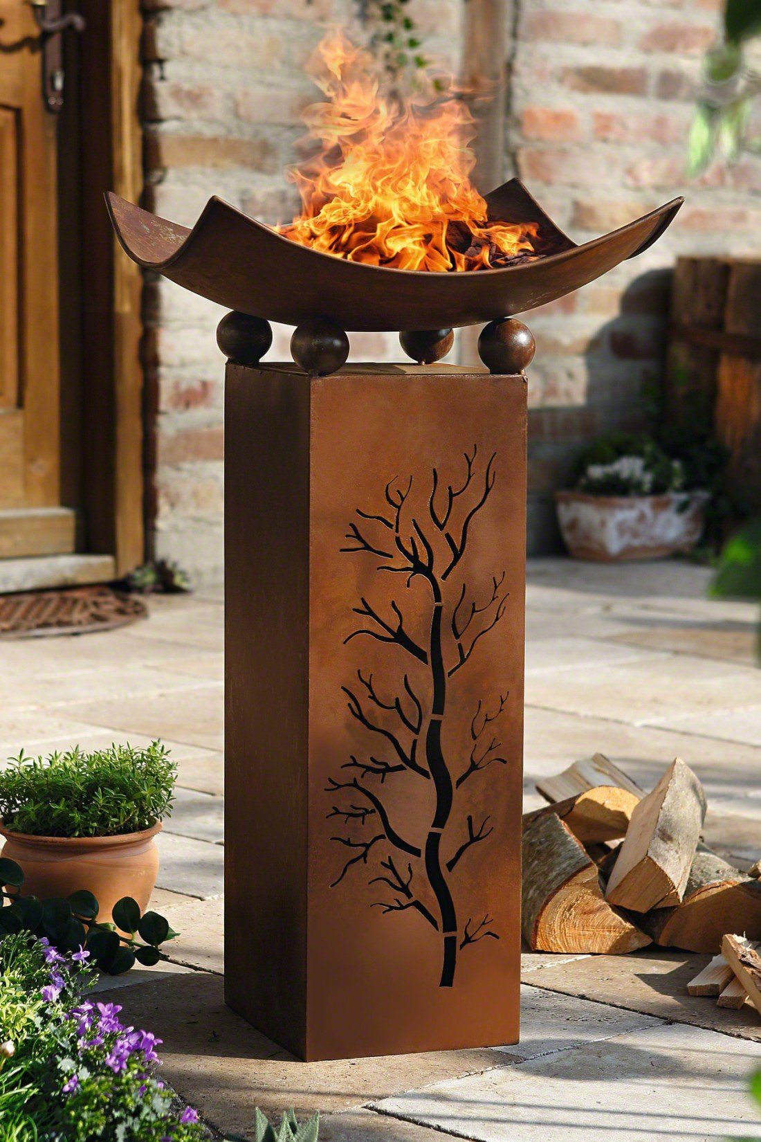 Dekoleidenschaft Feuerschale auf Dekosäule aus Metall in Rost Optik, 75 cm hoch, (2-teilig), mit aufwändiger Baumausstanzung an 2 Seiten