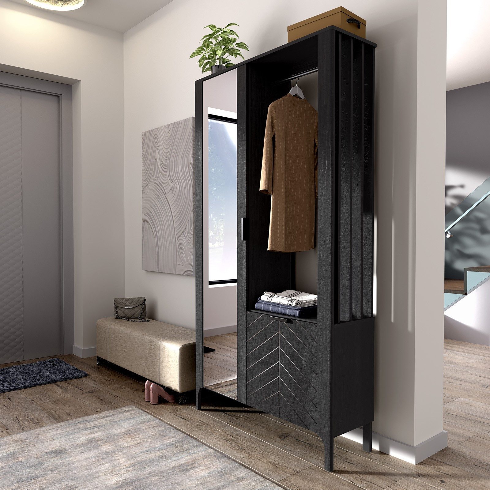 Masseno Garderobenschrank ALICANTE 105 x 197 cm Flurmöbel mit Spiegel und 2 Türen Schwarz