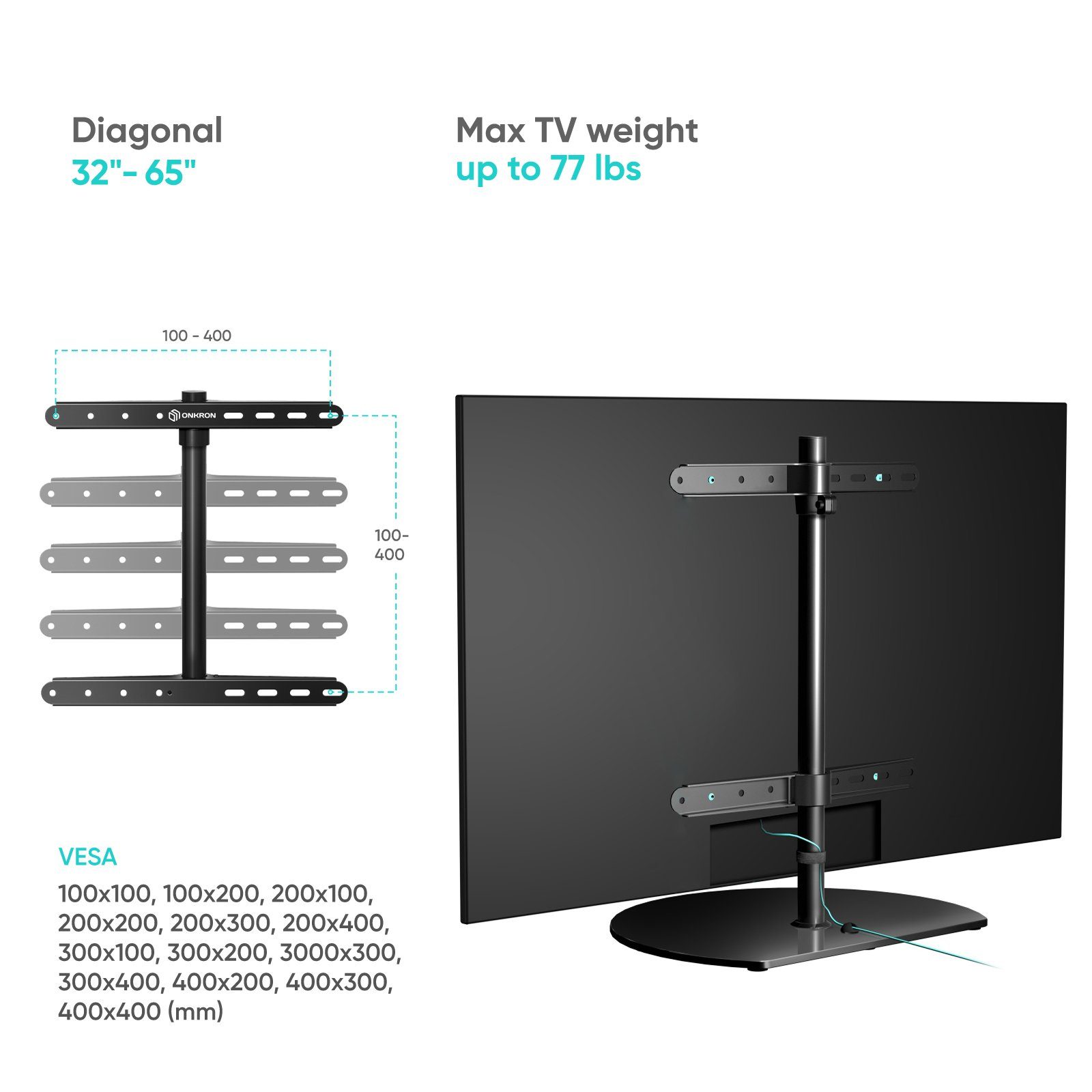 ONKRON TV-Ständer ONKRON 32-65 Zoll, bis 35 kg, PT2-B, (bis 65,00 Zoll, TV Standfuss mit Tischmontage, TV Standfuss mit Tischmontage, TV Tischständer, 360° schw – Bild 4 von 5