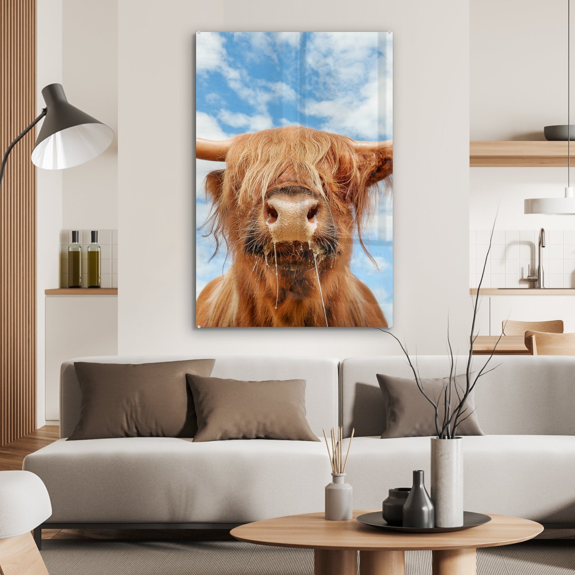 Dekoration Highlander MuchoWow Gemälde St), (1 Glas, Wolke Acrylglasbild Schottischer auf wohnzimmer Tiere, - -