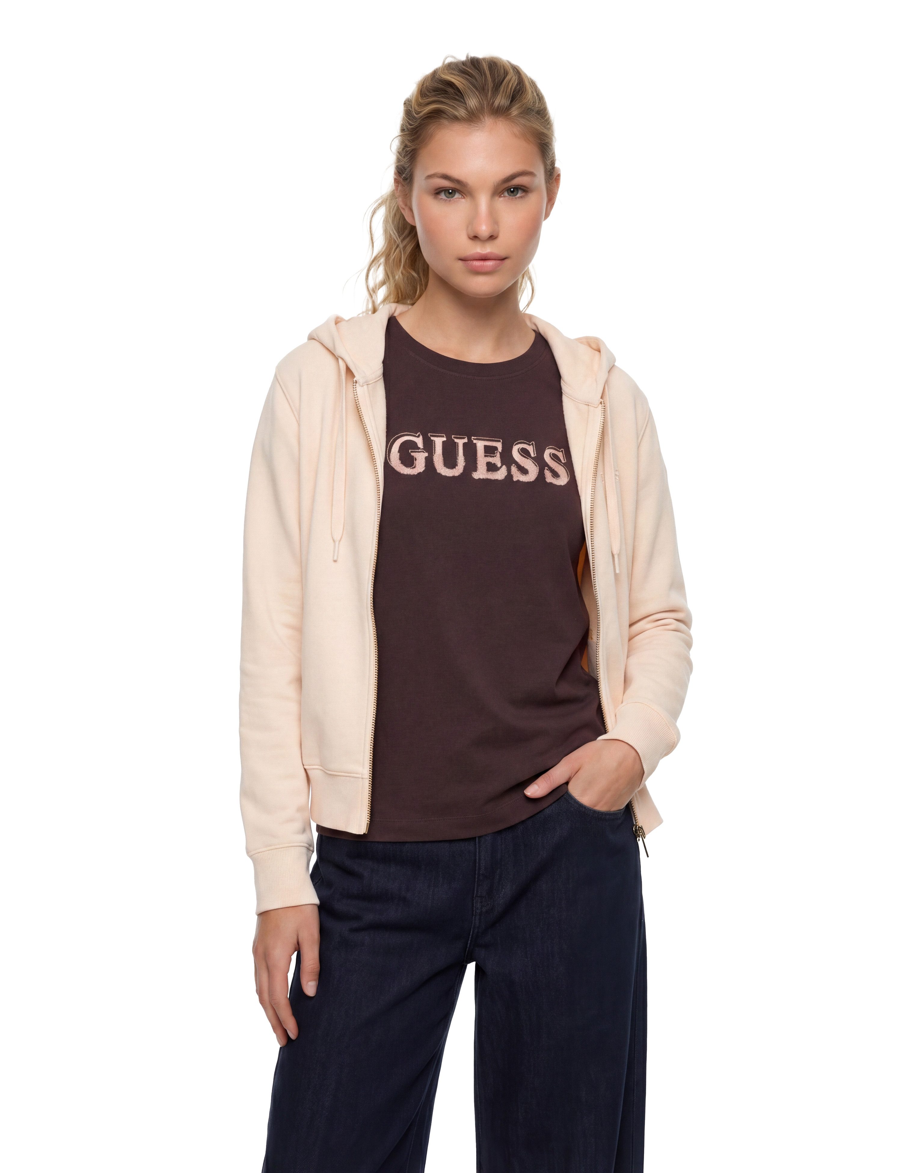 Guess Kapuzensweatjacke SOFIA ZIPPER SWEATSHIRT mit Logostickerei, Baumwollmix
