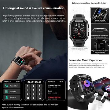 LWEARKD Noir Smartwatch (1,95 Zoll, Andriod iOS), mit Schrittzähler, Herzfrequenz, Militärische Fitnessuhr 123 Sportmodi