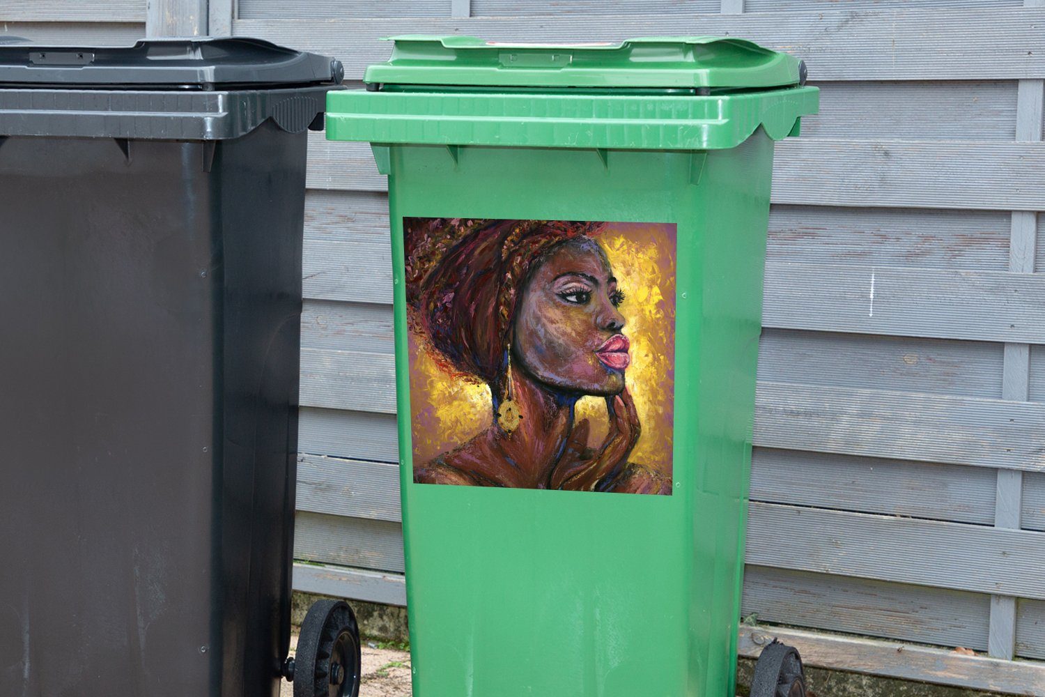 MuchoWow Wandsticker Gemälde - - St), Frau Container, Gold - (1 Ölgemälde Mülleimer-aufkleber, Abfalbehälter Sticker, Mülltonne