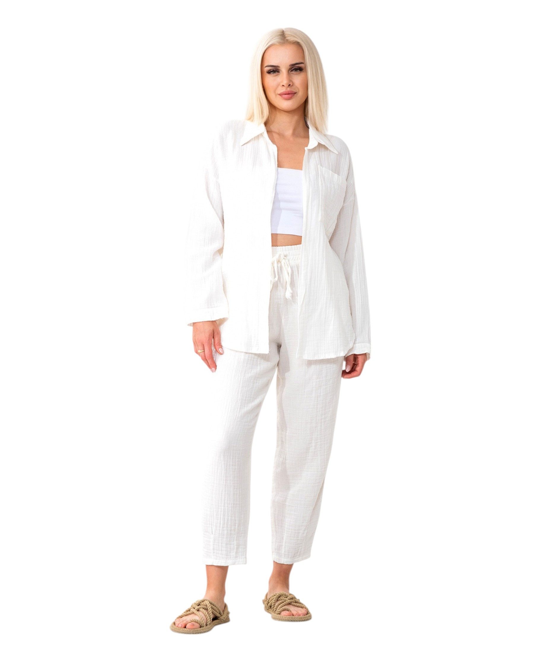 WENOR Hemdbluse Damen Musselin Oversize Bluse Langarm – Einheitsgröße 34-40