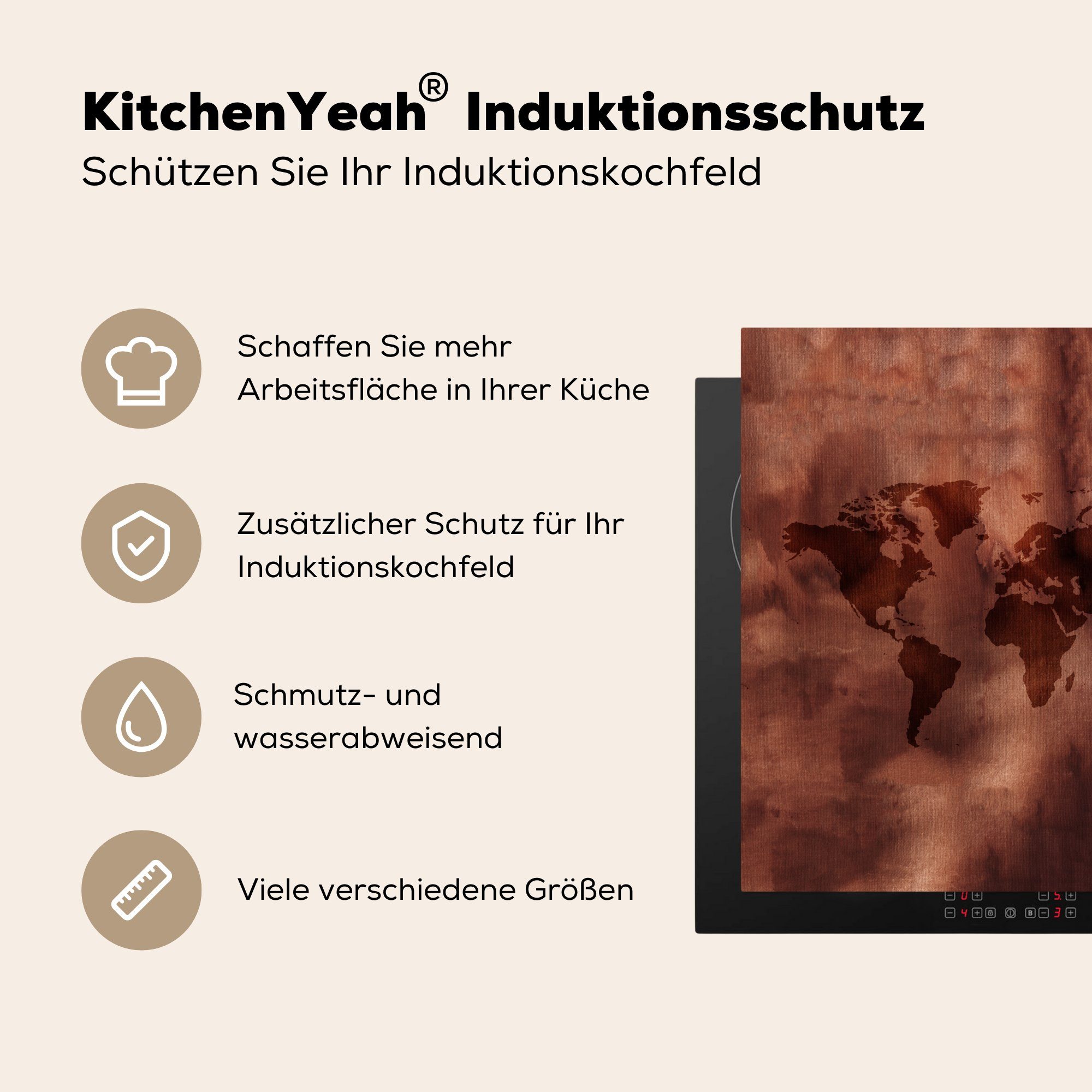 küche (1 Braun tlg), Vinyl, MuchoWow Weltkarte Ceranfeldabdeckung, - Arbeitsplatte Rot, cm, für 78x78 - Herdblende-/Abdeckplatte