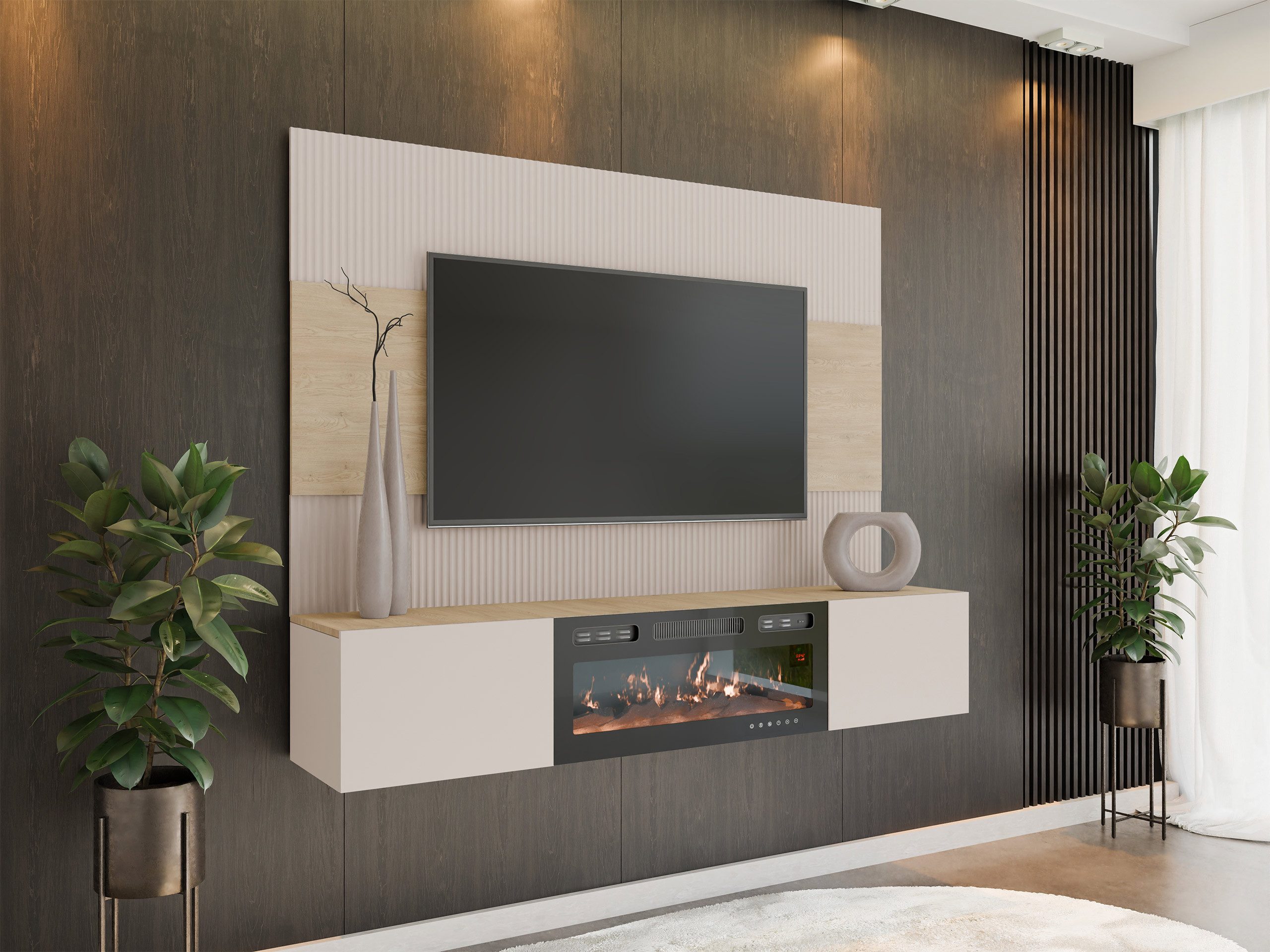 MIRJAN24 Wohnwand Deromi III mit Kamin, (2er-Set, TV-Lowboard mit Wandpaneel), Realistische LED-Flamme, Griffloses Öffnungssystem