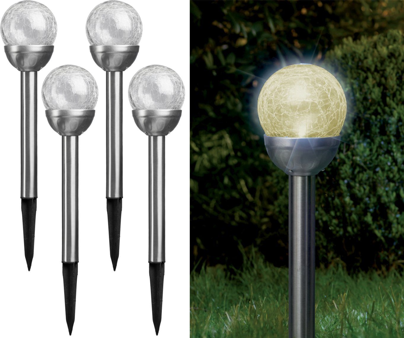 Solarlampen Gartenleuchten LED aus warm-weiß mit Edelstahl Bruchglaskugel, moderne für Lichtfarbe: Gardenstyle Solarleuchte integriert, wetterfest, IC automatischen bunt Bruchglaskugel, Farbwechsel, fest LED kabellos, mit Warmweiß, Außen Solar