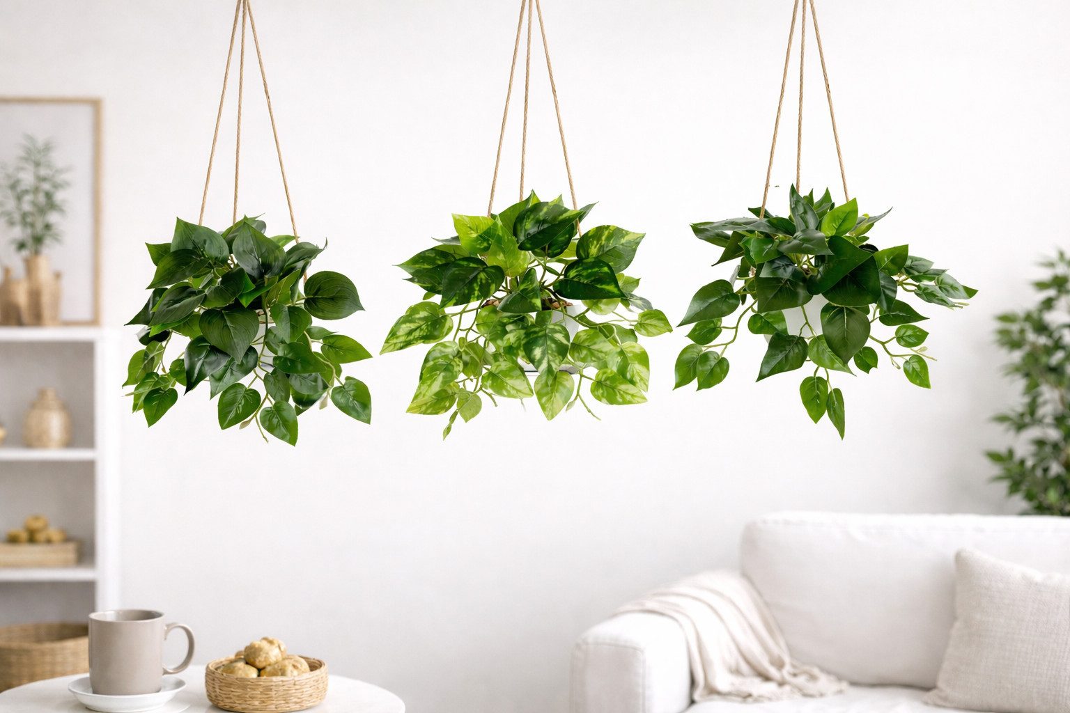 Kunstpflanze Künstliche Hängepflanzen im bruchfesten Topf, Hängepflanze künstlich Efeu, Monstera, Philodendron, Calathea, Pfeilblatt, Mosaik- & Zebrapflanze, PASCH, Bruchfester weißer Kunststofftopf