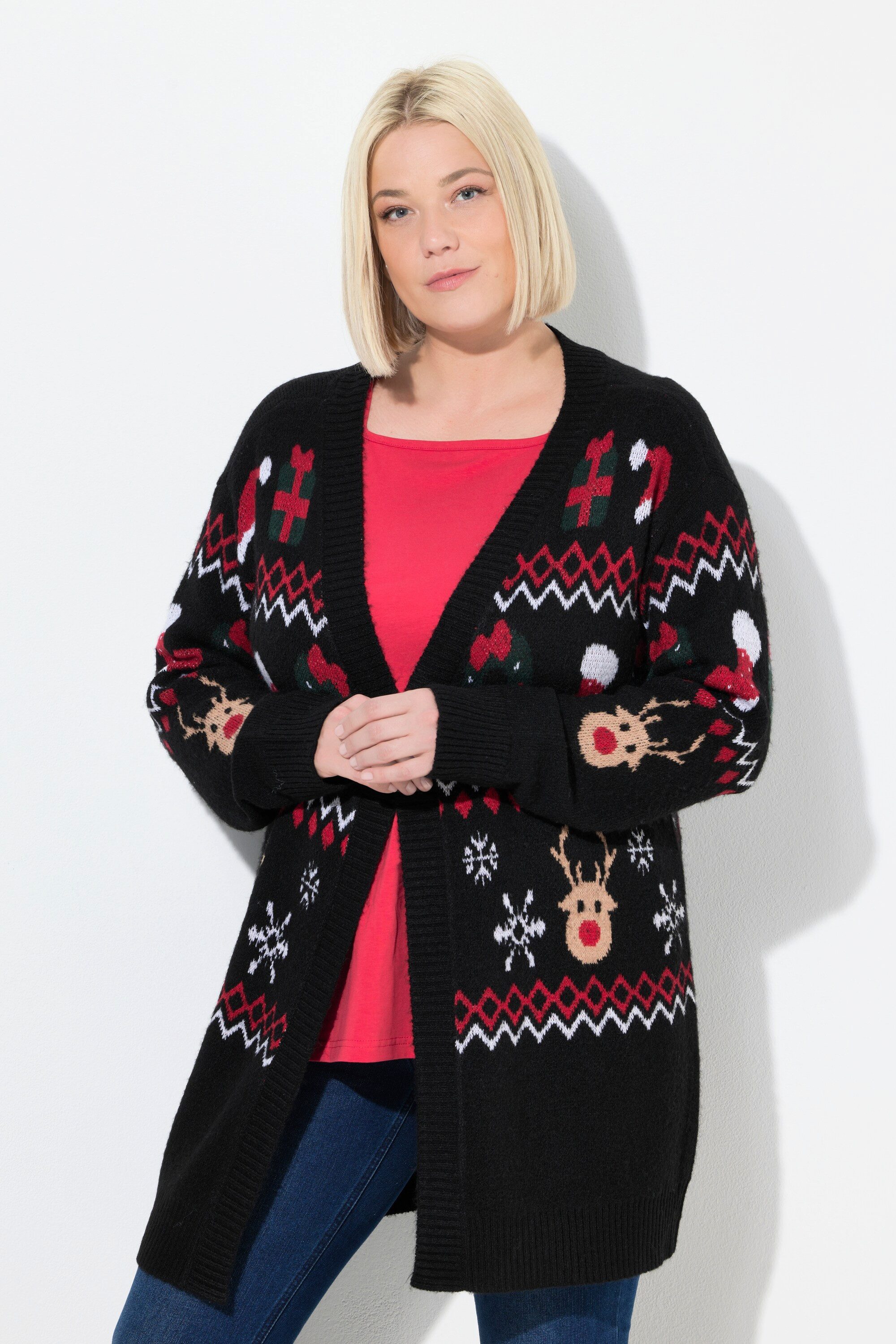 Ulla Popken Strickjacke Long-Strickjacke Weihnachten V-Ausschnitt Langarm günstig online kaufen