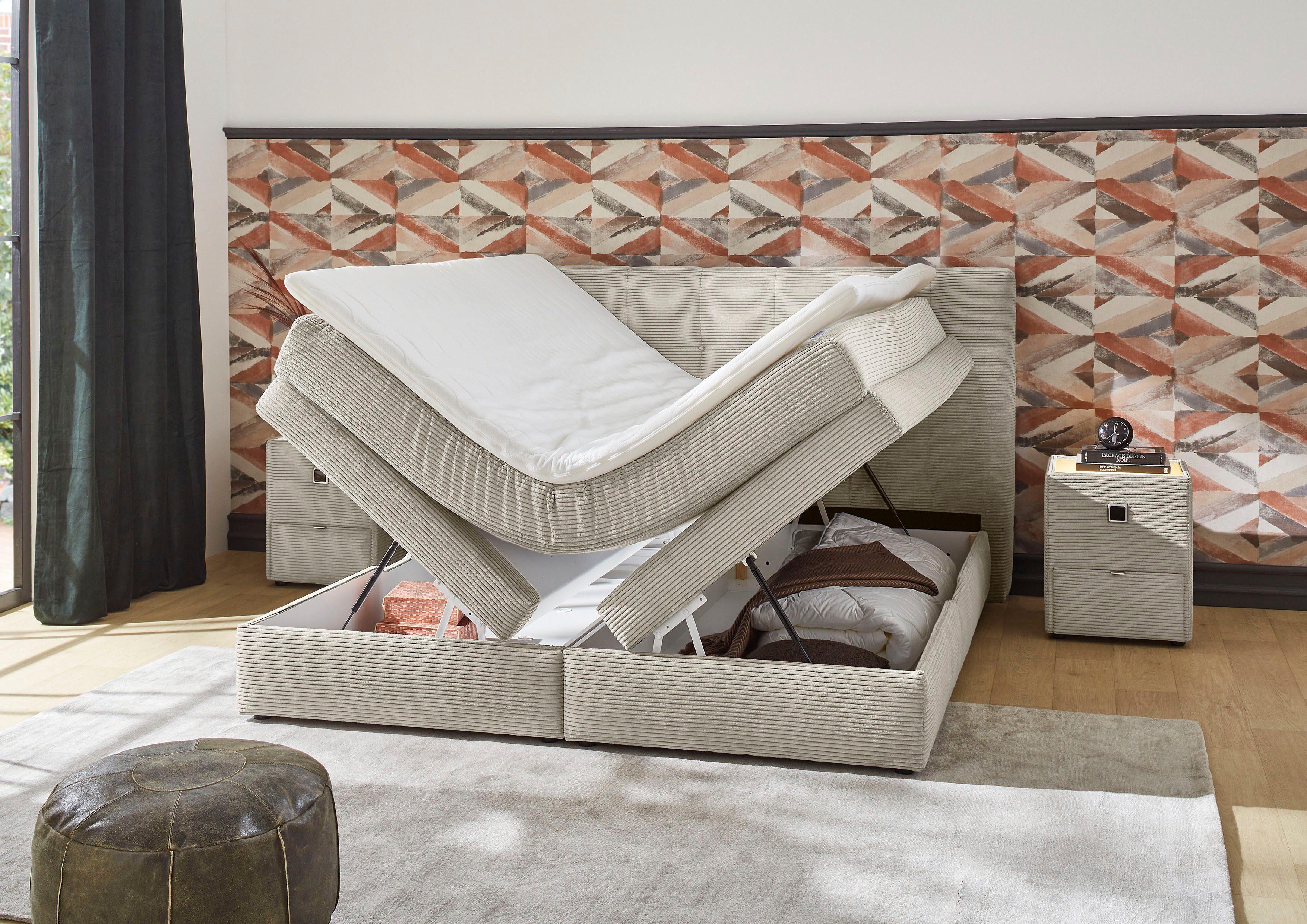 Jockenhöfer Gruppe Boxspringbett AMY in Cord, erhältlich in den Breiten 180cm & 200cm, mit Bettkasten & Kaltschaum-Topper