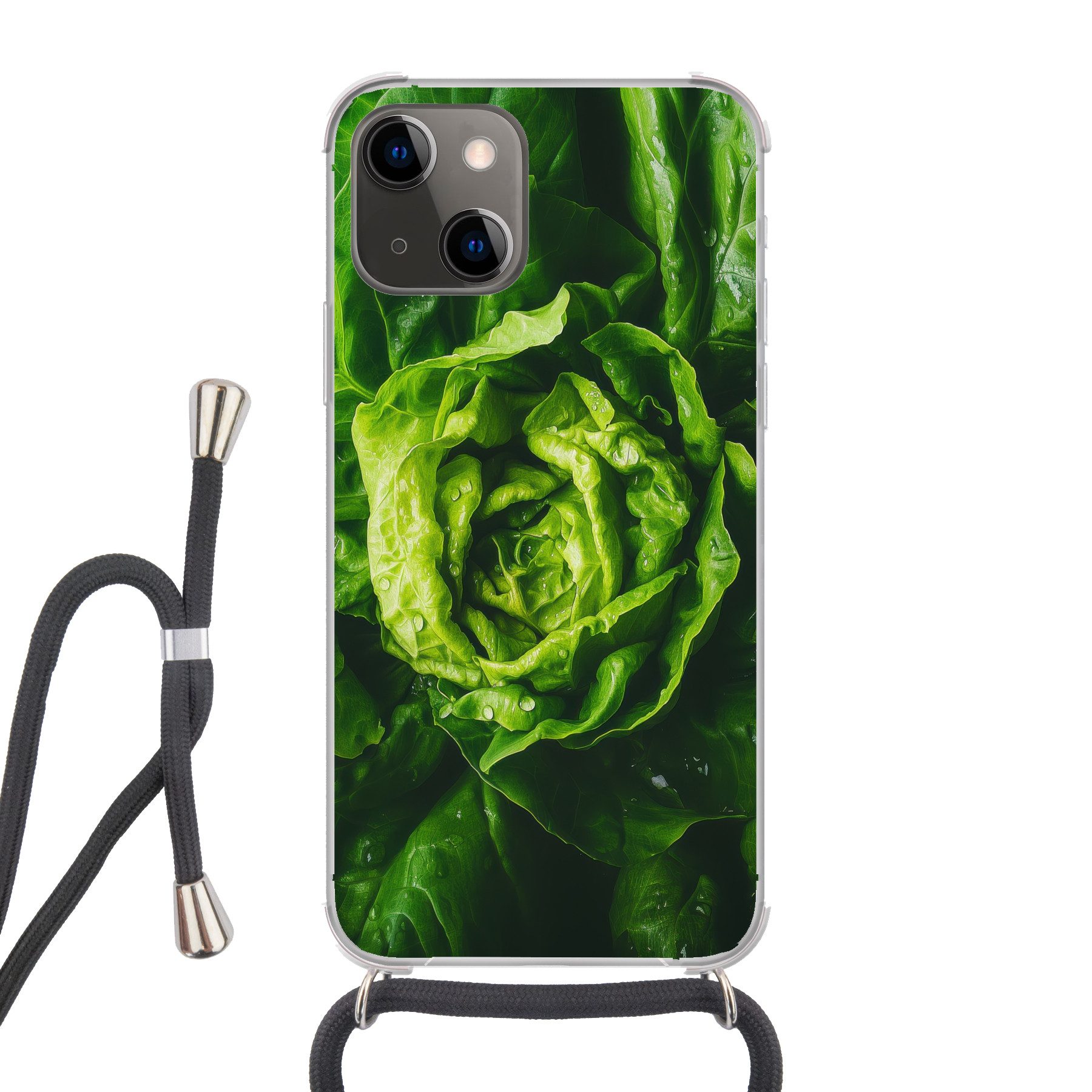 MuchoWow Handyhülle für Apple iPhone 13 Mini Gemüse - Kopfsalat - Grün, Tragbare Handyhüllen mit Kette zum umhängen, Handykette Handyband