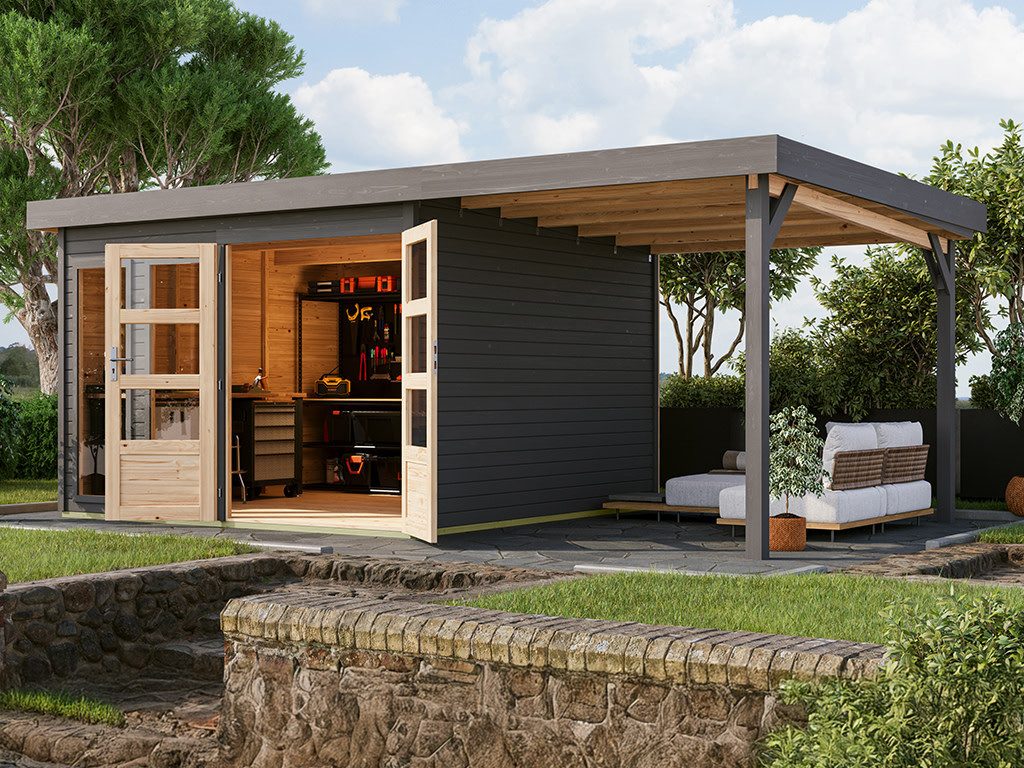 Karibu Gartenhaus Gartenhaus Baraya 6 19 mm terragra inkl. 2,4 m Anbaudach, BxT: 554x331 cm, Anbaudach, 19 mm Wandstärke