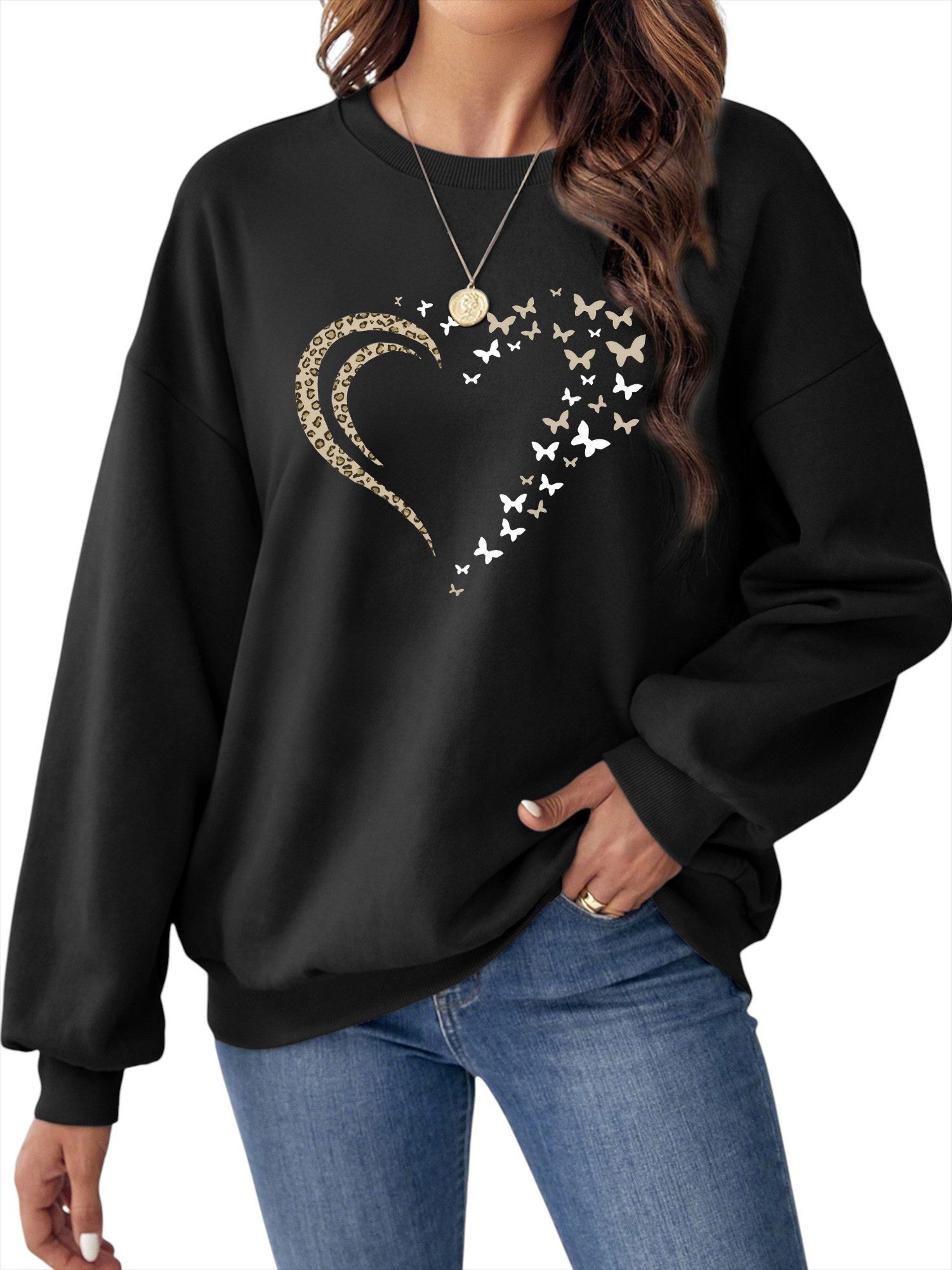 Fleecepullover Damen Casual Sweatshirts mit Herz Leopardenmuster Druck