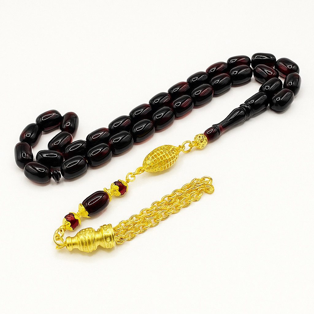 M-Punkt24 Kettenanhänger Tesbih Tespih (Rot - Schwarz, Kirmizi - Siyah, 7x11mm, Kapsül, Gebetskette, Subha, Misbah, inkl. Etui), Vizyon Püskül Gold-Farbig