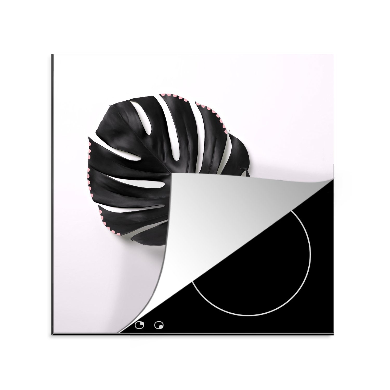 MuchoWow Herdblende-/Abdeckplatte Dunkle botanische Blätter in Schwarz auf weißem Hintergrund, Vinyl, (1 tlg), 78x78 cm, Ceranfeldabdeckung, Arbeitsplatte für küche