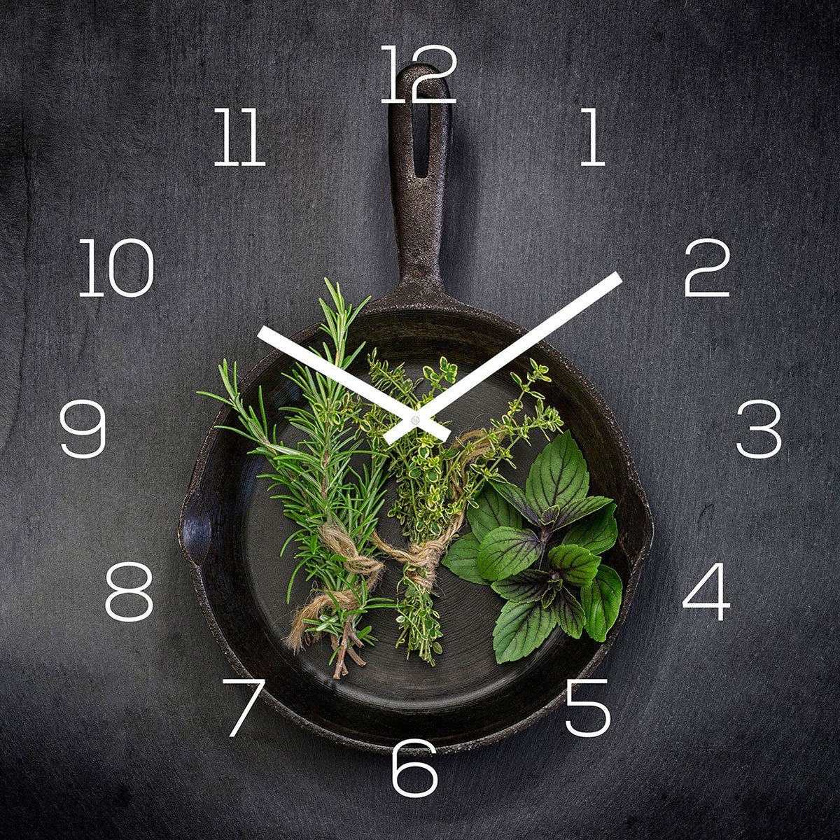 Wanduhr Levandeo® 30x30cm Alubild Uhr Kräuter Alu-Dibond Küche (Wanduhr Pfanne)