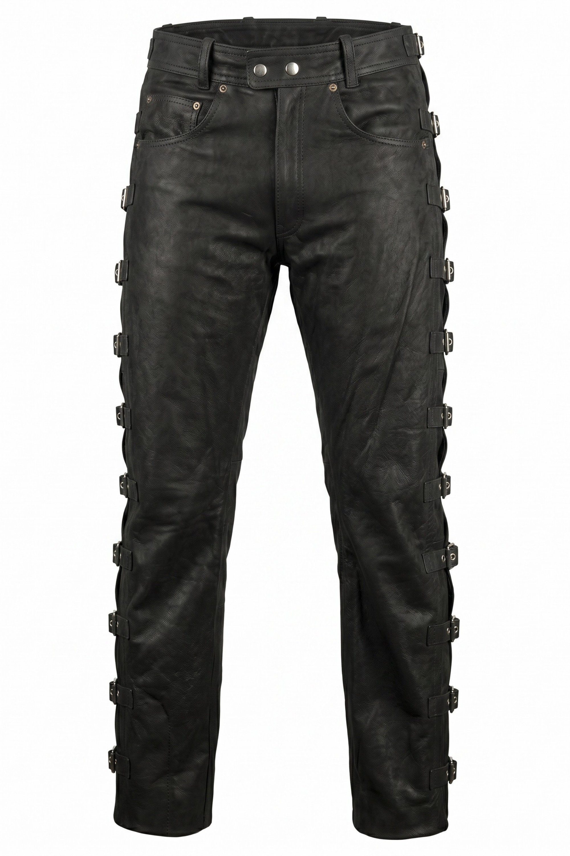 MDM Lederhose Schnallen Lederhose Herren Bikerjeans aus Büffel Nubuk Leder Schwarz (Herren Biker Lederhose aus Büffel Nubuk Leder mit Schnallen) aus Büffel Nubu – Bild 2 von 5
