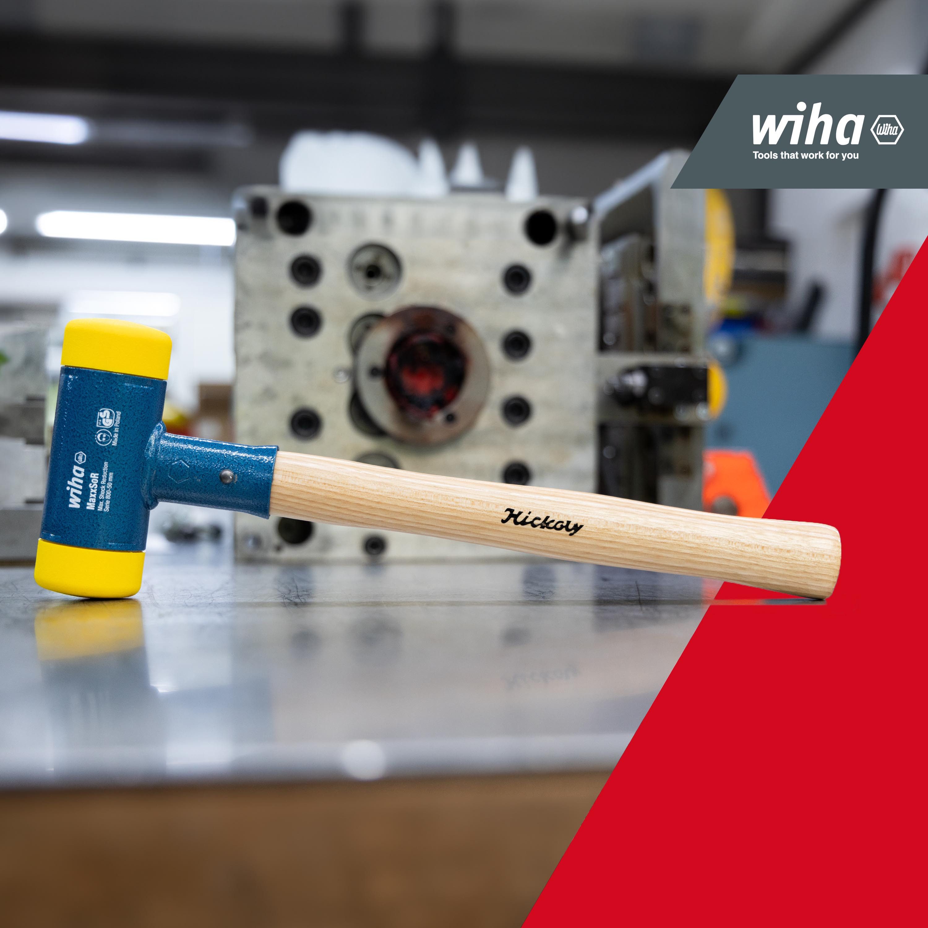 Wiha Gummihammer Schonhammer (02097), rückschlagfrei, Hickory-Holzstiel, Rund-Schlagkopf Ø 50 mm, mittelhart