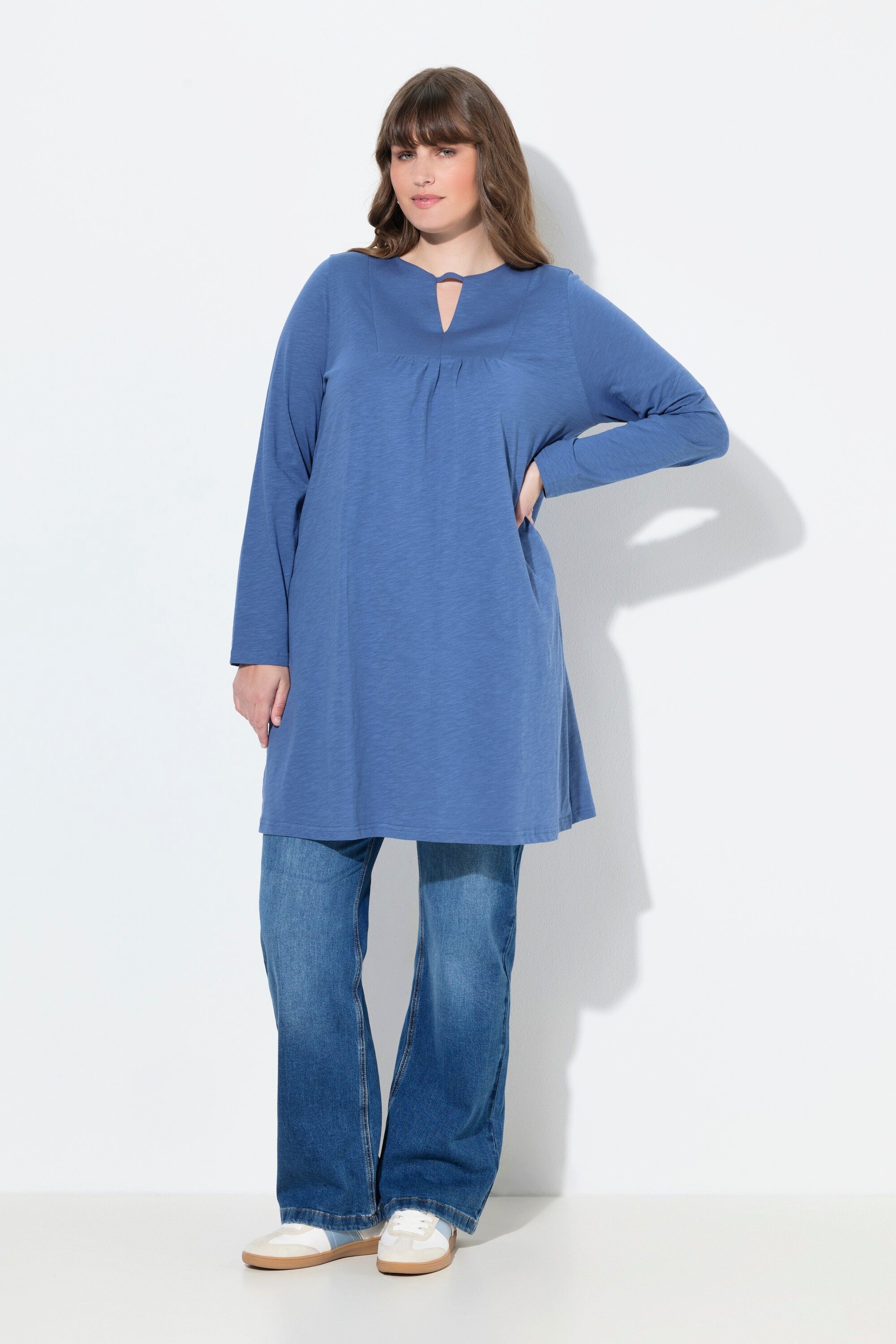 Longshirt Longshirt A-Linie Tunika-Ausschnitt Langarm
